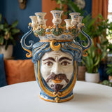 Testa di Moro a Candeliere, Maschio Bianco, Blu e Arancio. Ceramiche Sofia, Caltagirone
