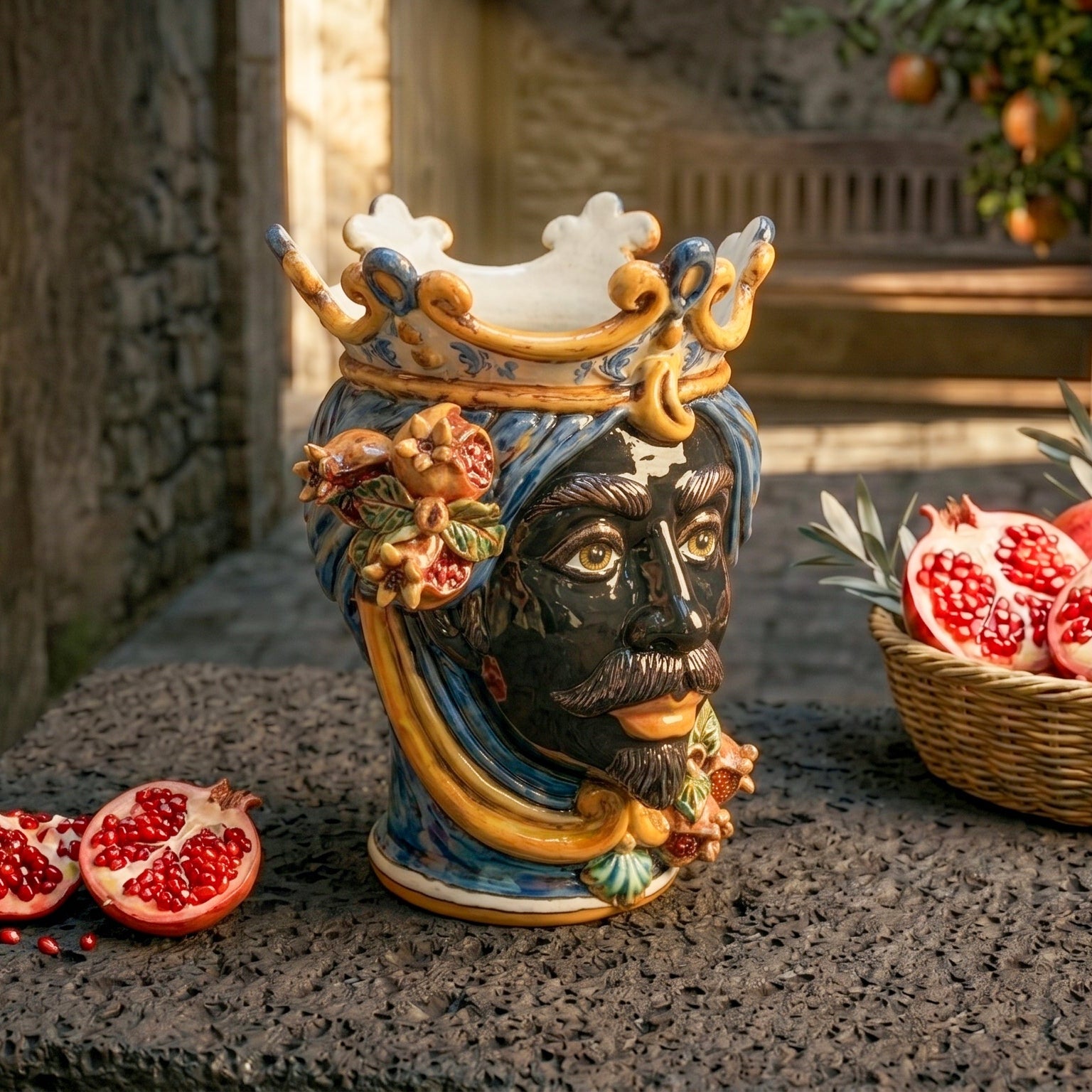 Testa di Moro con Melograni h 25 cm — Maschio Moro, Blu e Arancio