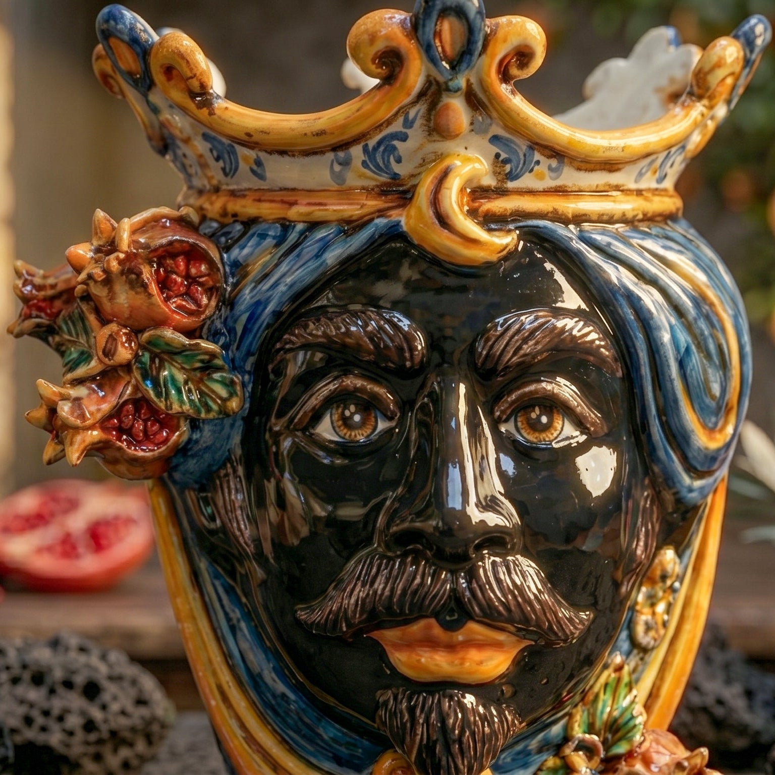 Testa di Moro Vase mit Granatäpfeln H 25 cm, Maurischer Mann, Blau und Orange – Testa di Moro aus Caltagirone, Sizilien