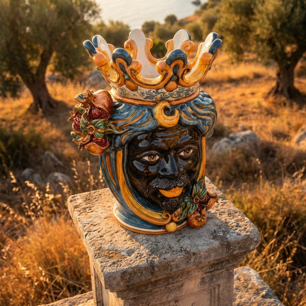 Testa di Moro Vase mit Granatäpfeln H 40 cm, Maurischer Mann, Blau und Orange – Testa di Moro aus Caltagirone, Sizilien