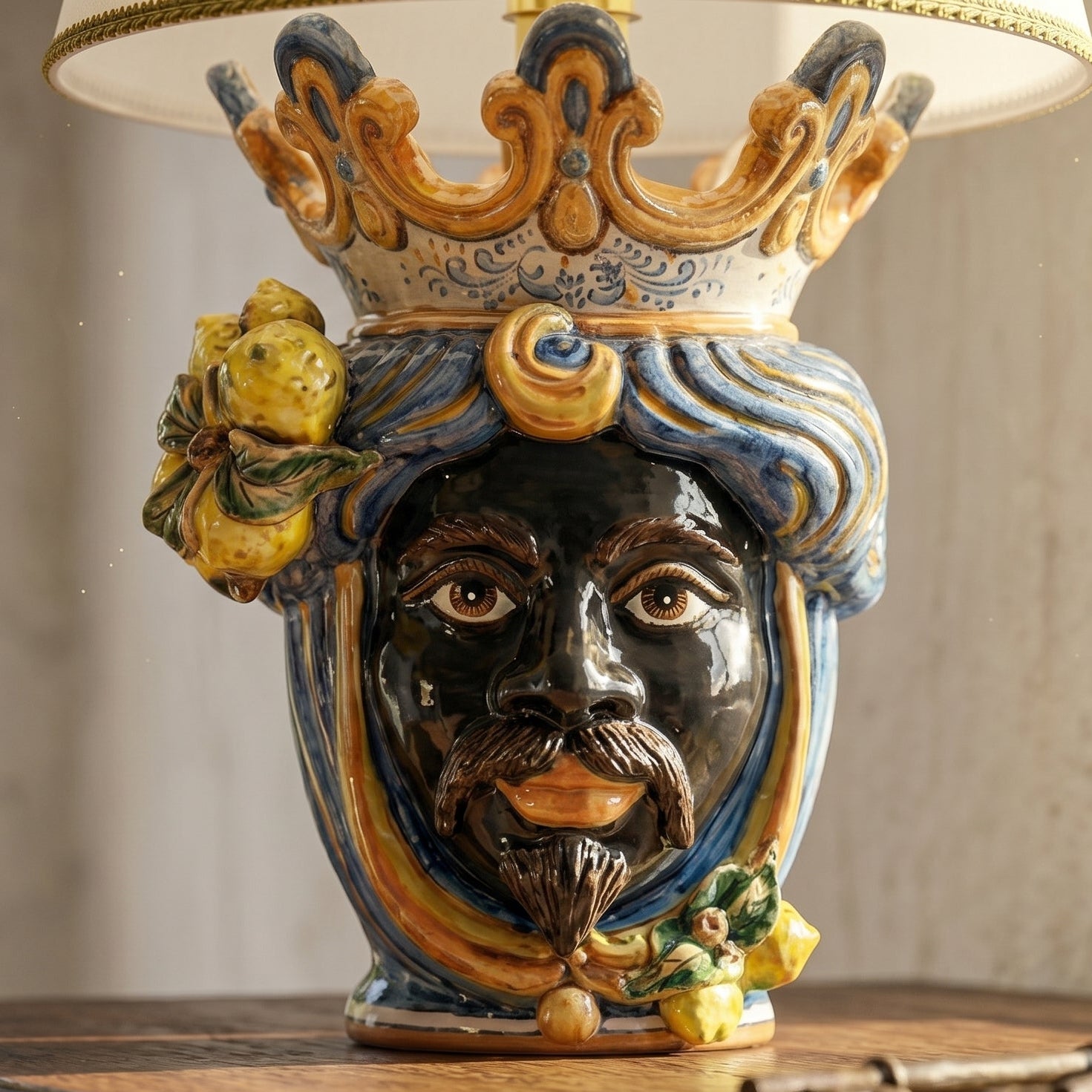 Lume a Testa con Limoni h 70 cm (ceramica h 40 cm, Paralume in Tessuto Ø 45 cm) — Maschio Moro, Blu e Arancio