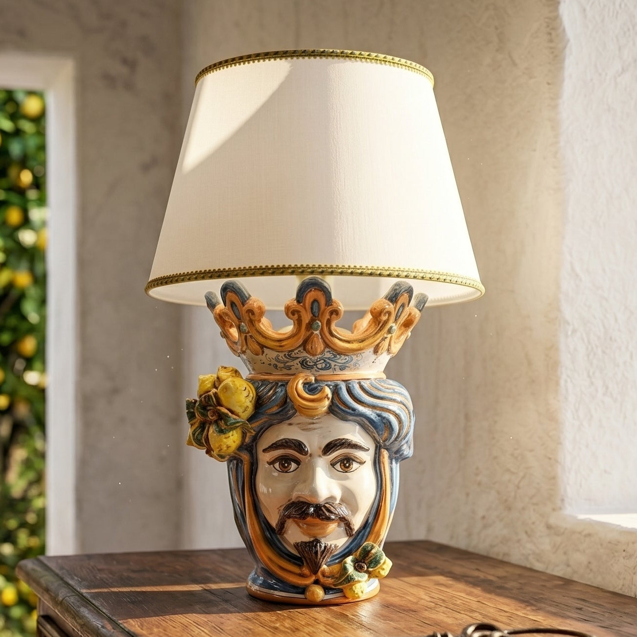 Lume a testa h 70 cm limoni blu e arancio maschio bianco