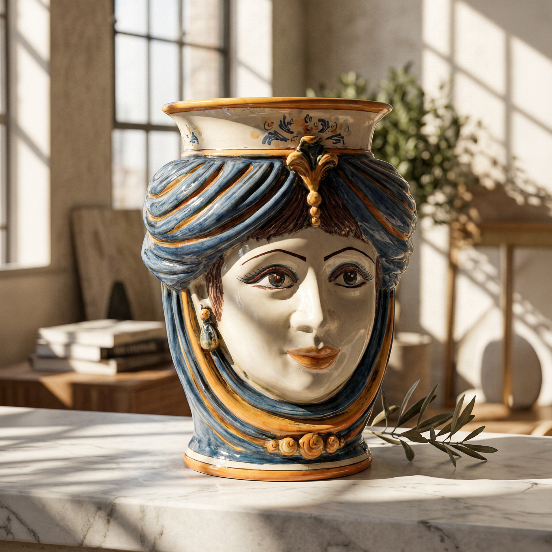Testa di Moro con Corona h 33 cm — Donna, Blu e Arancio