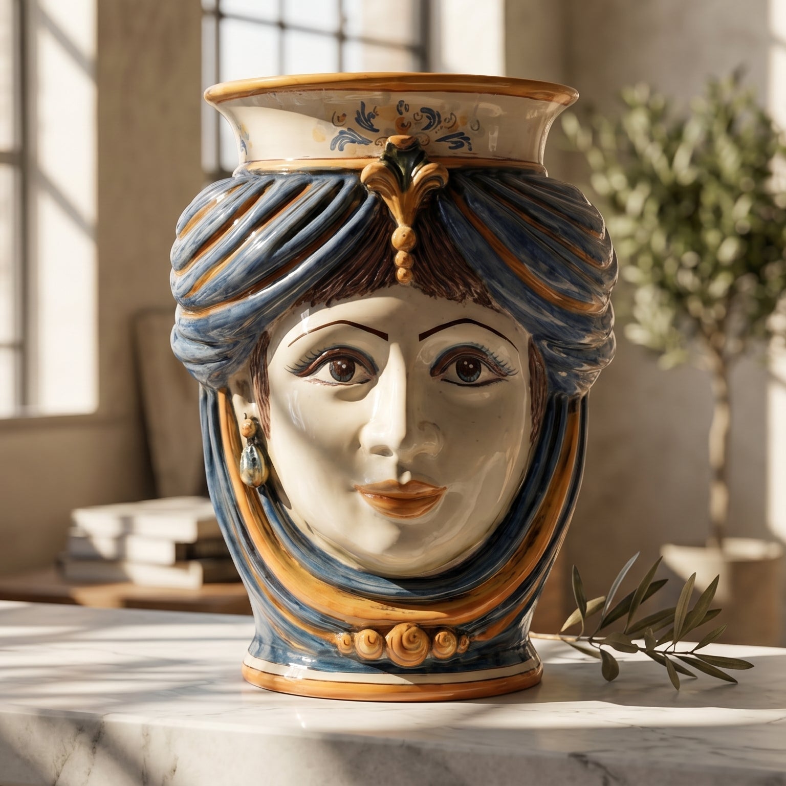Testa di Moro con Corona h 33 cm — Donna, Blu e Arancio