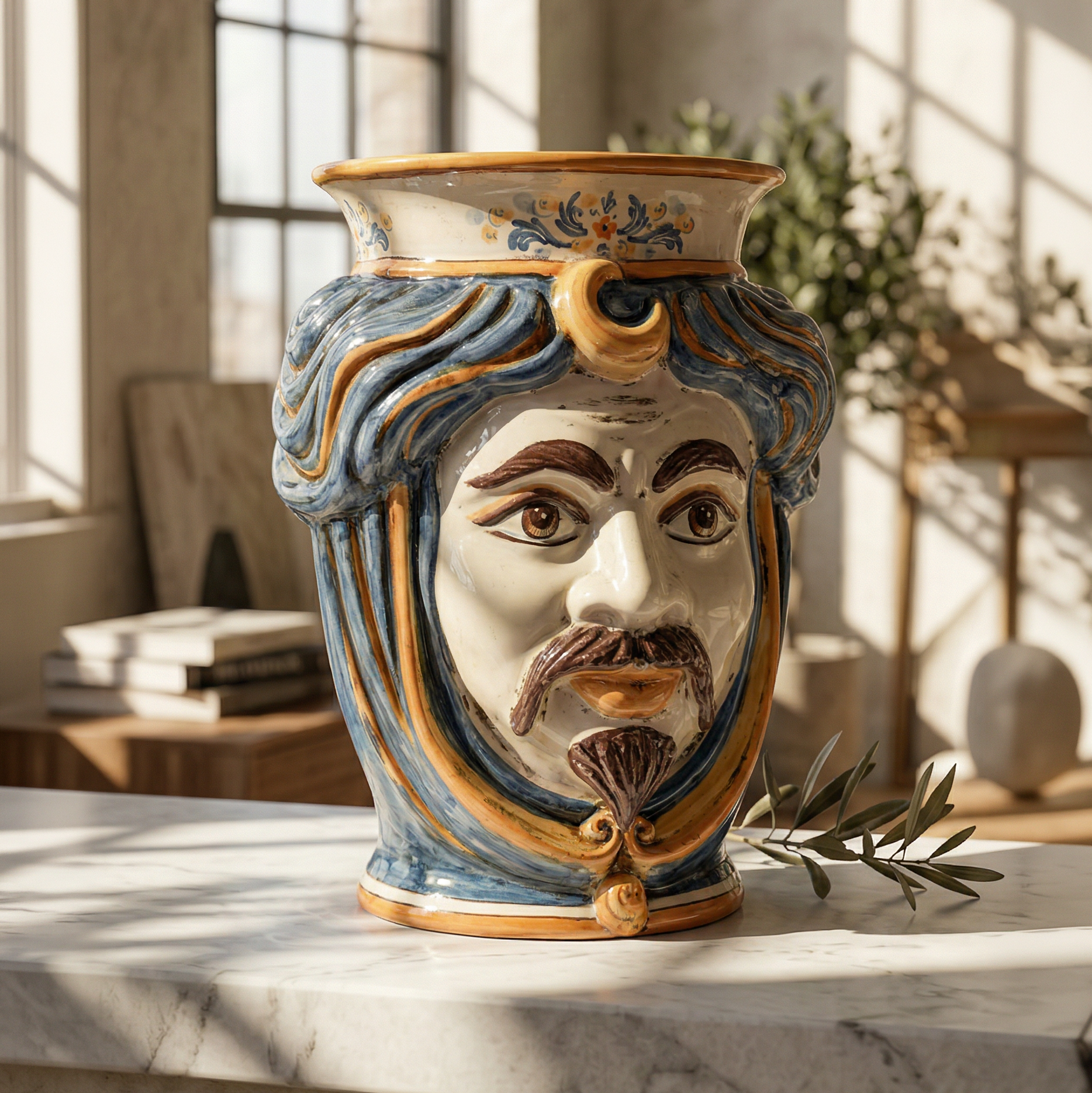 Maurenkopf-Vase H 33 cm, Weißer Mann, Blau und Orange – Testa di Moro aus Caltagirone, Sizilien