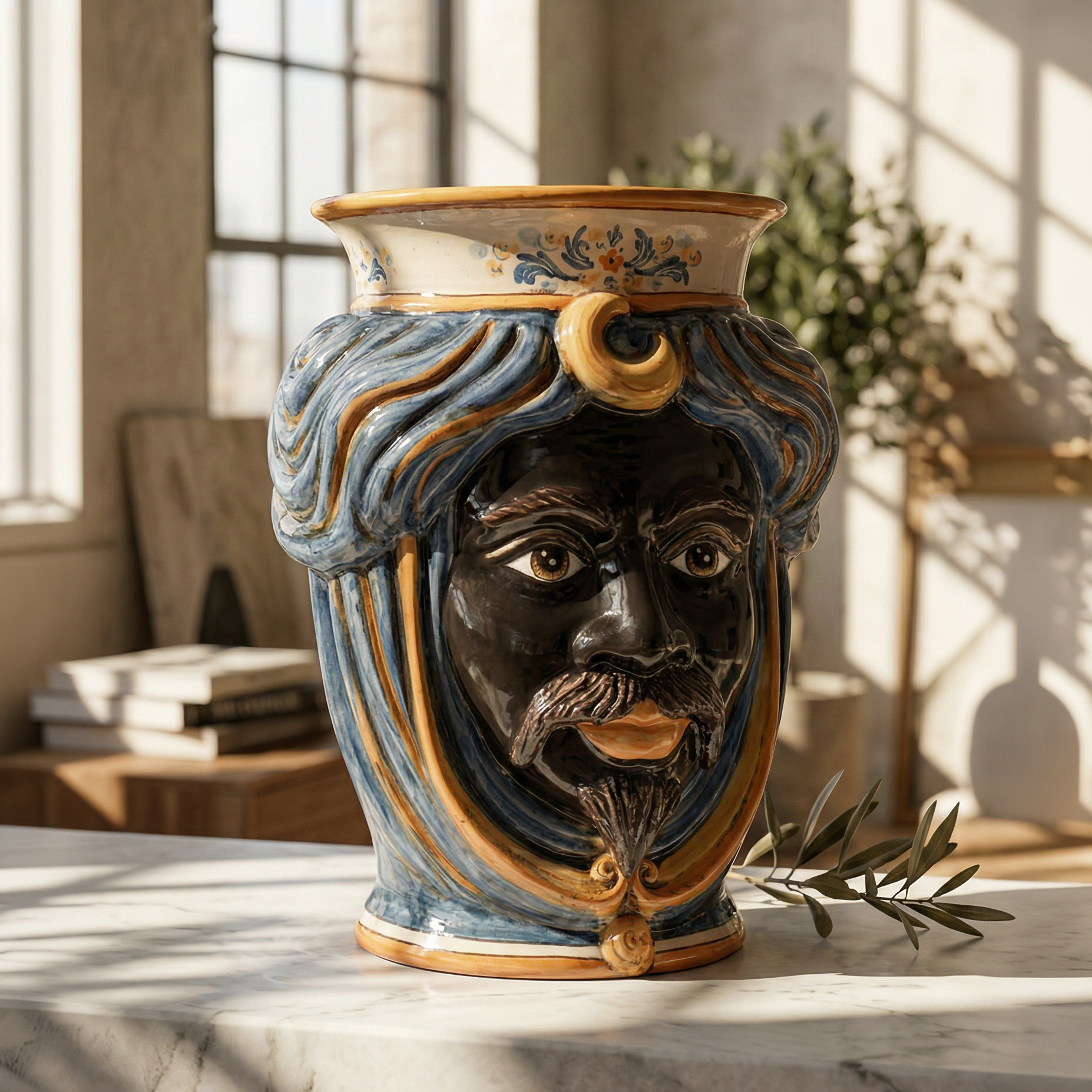 Testa di Moro con Corona h 33 cm — Maschio Moro, Blu e Arancio