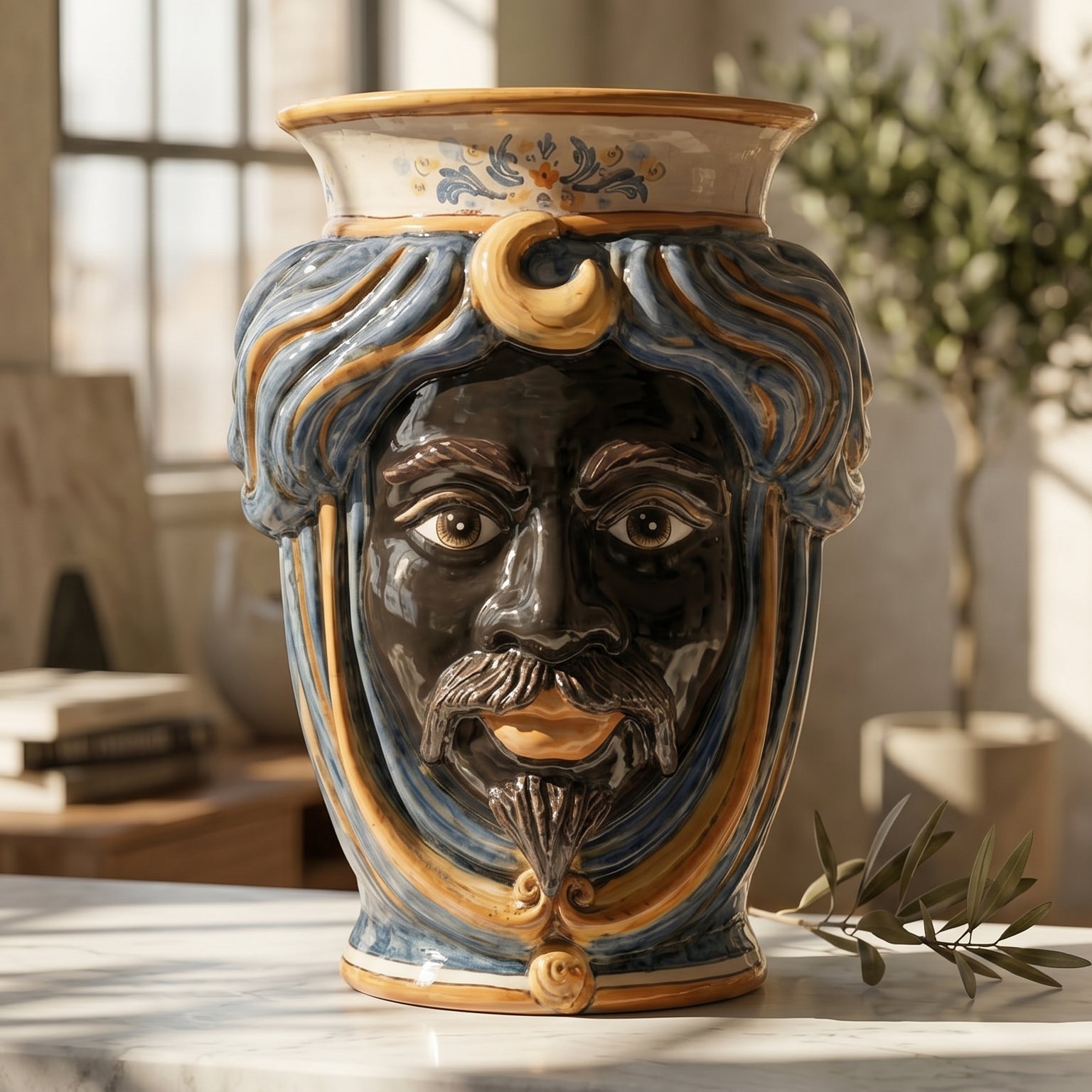 Testa di Moro con Corona h 33 cm — Maschio Moro, Blu e Arancio
