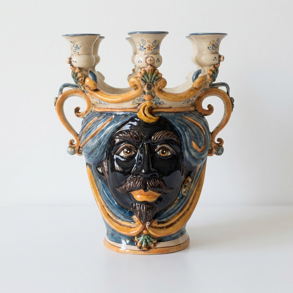 Cabeza Siciliana Candelabro H 25 cm, Hombre Moro, Azul y Naranja – Testa di Moro de Caltagirone, Sicilia
