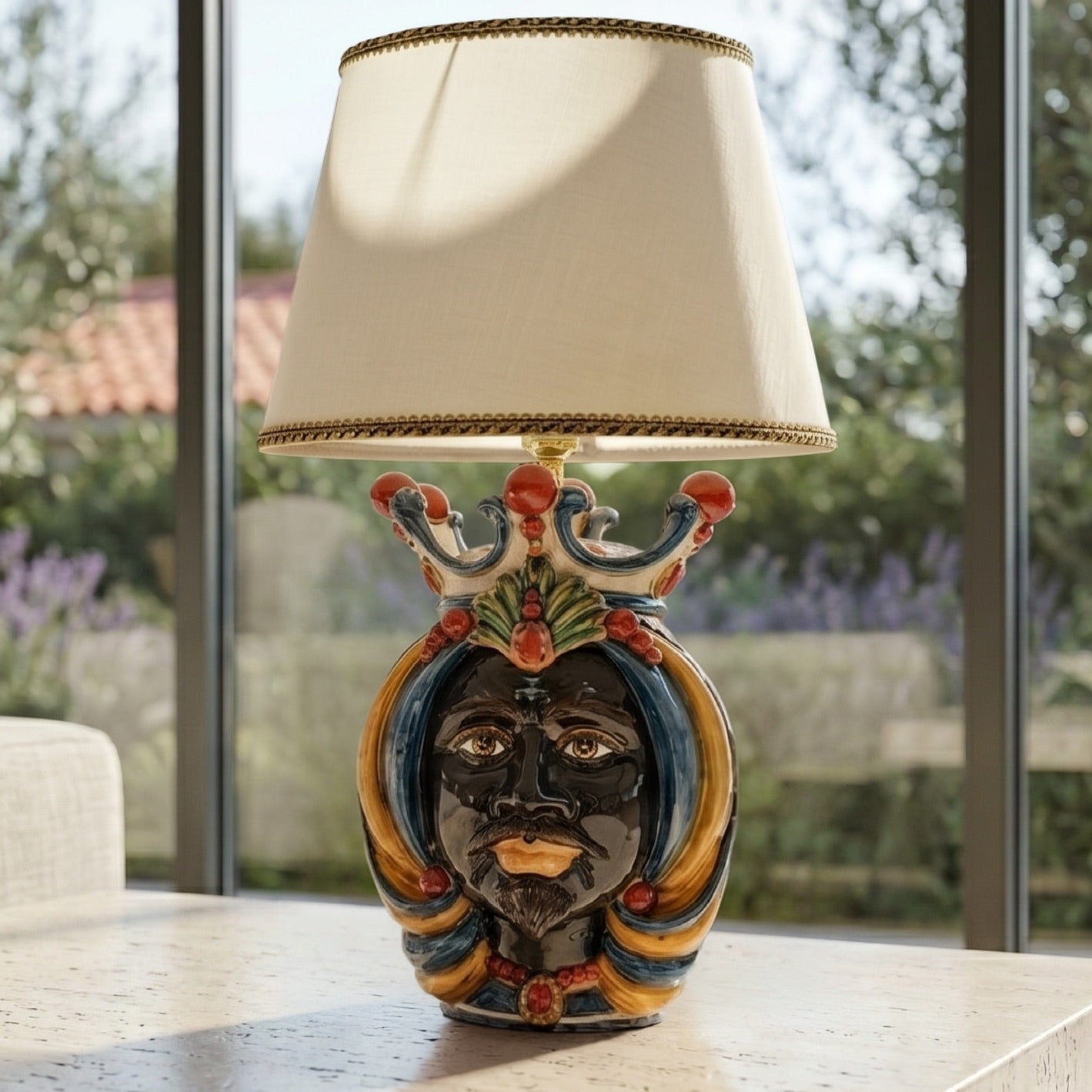 Lume a Testa h 38 in blu e arancio maschio moro - Ceramiche Di Caltagirone Sofia