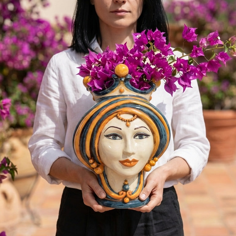 Testa di Moro in Ceramica di Caltagirone - Linea Blu e Arancio, H30 cm