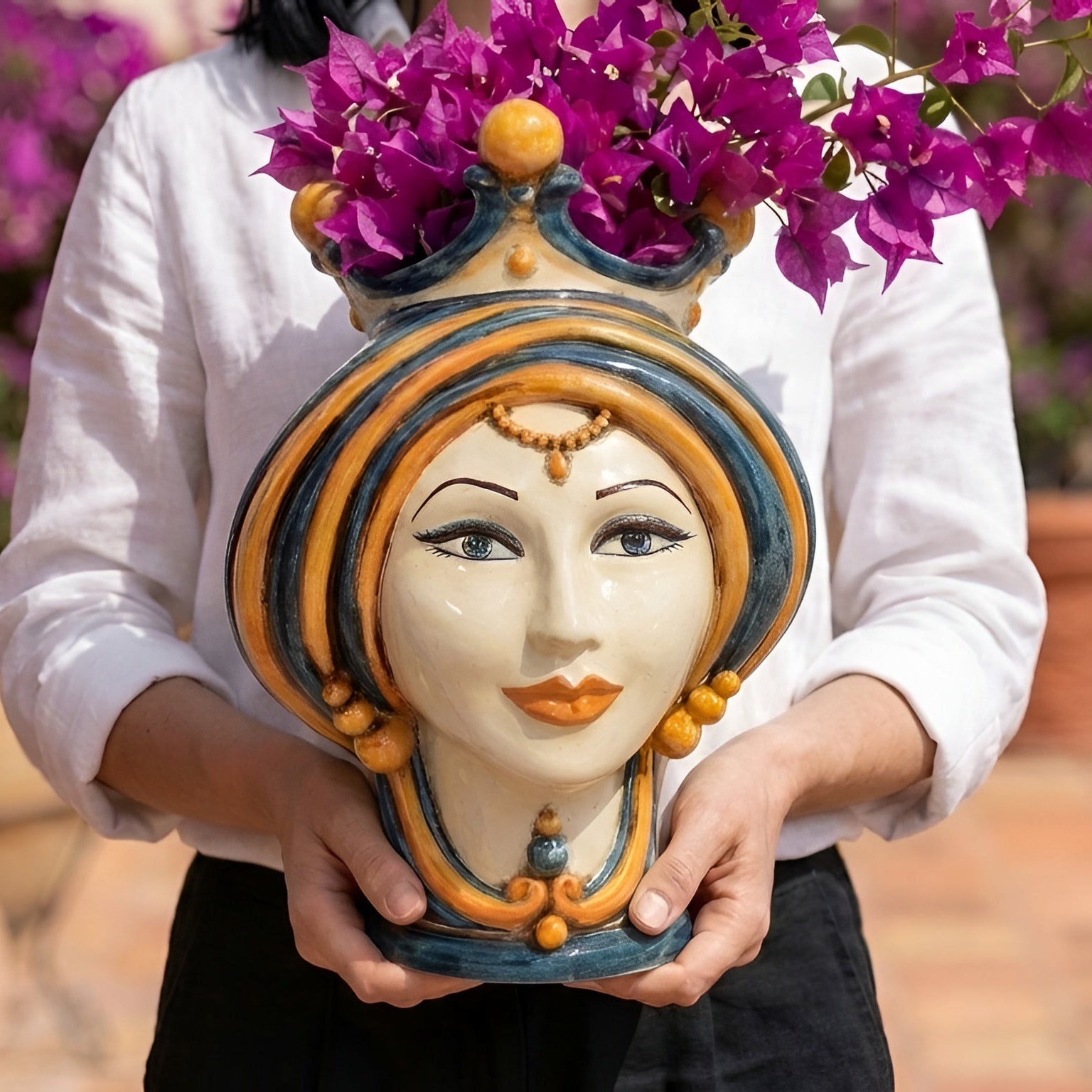 Testa di Moro in Ceramica di Caltagirone - Linea Blu e Arancio, H30 cm