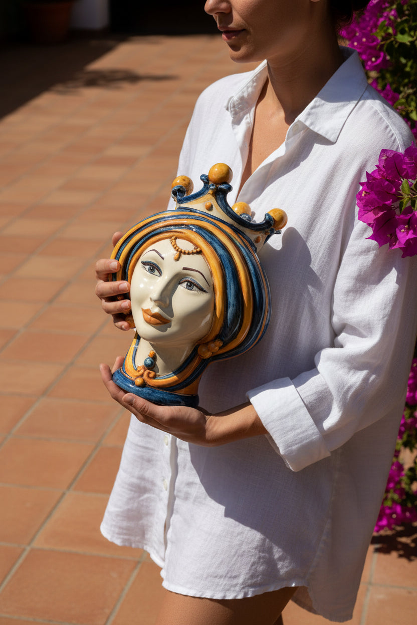 Testa di Moro in Ceramica di Caltagirone - Linea Blu e Arancio, H30 cm