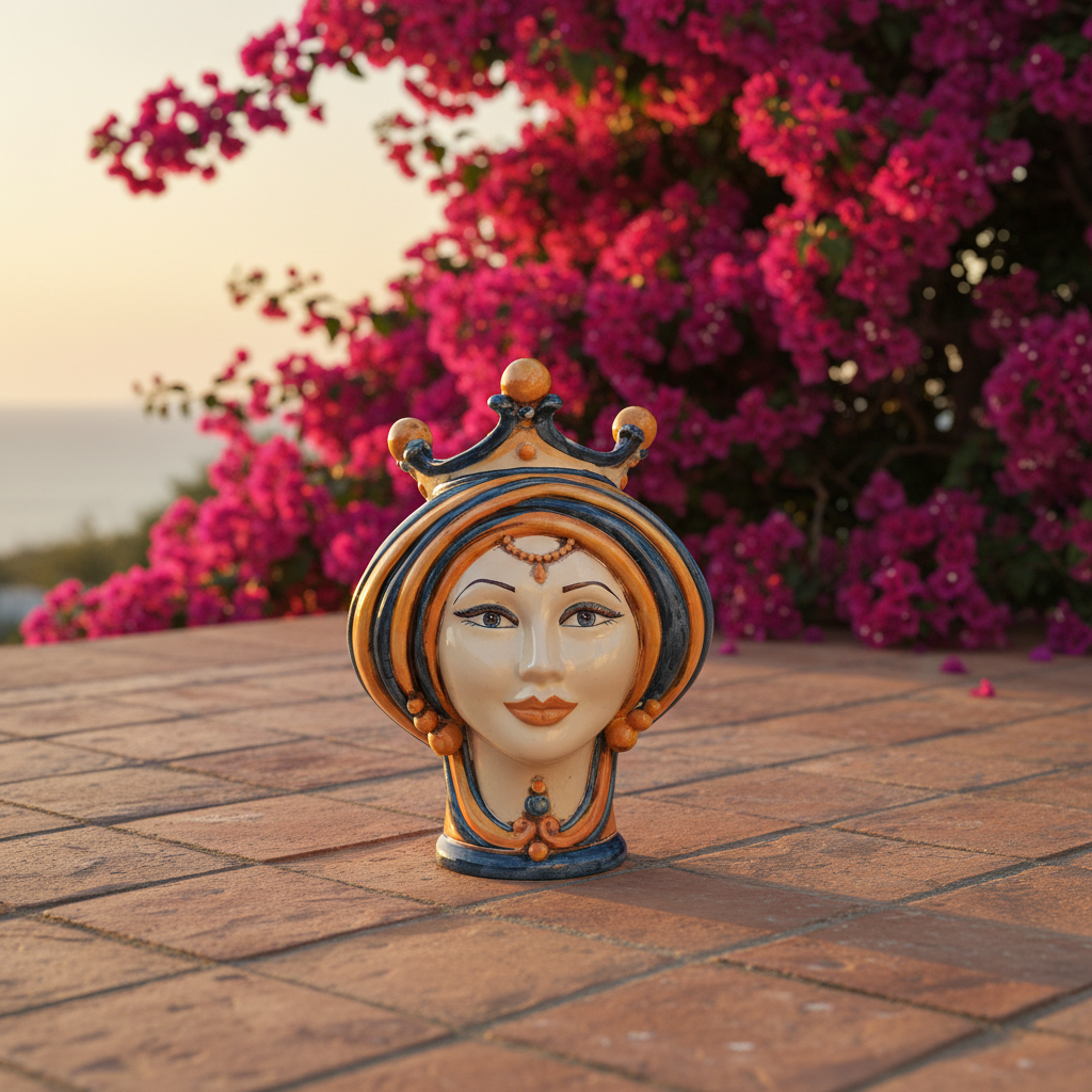 Testa di Moro in Ceramica di Caltagirone - Linea Blu e Arancio, H30 cm