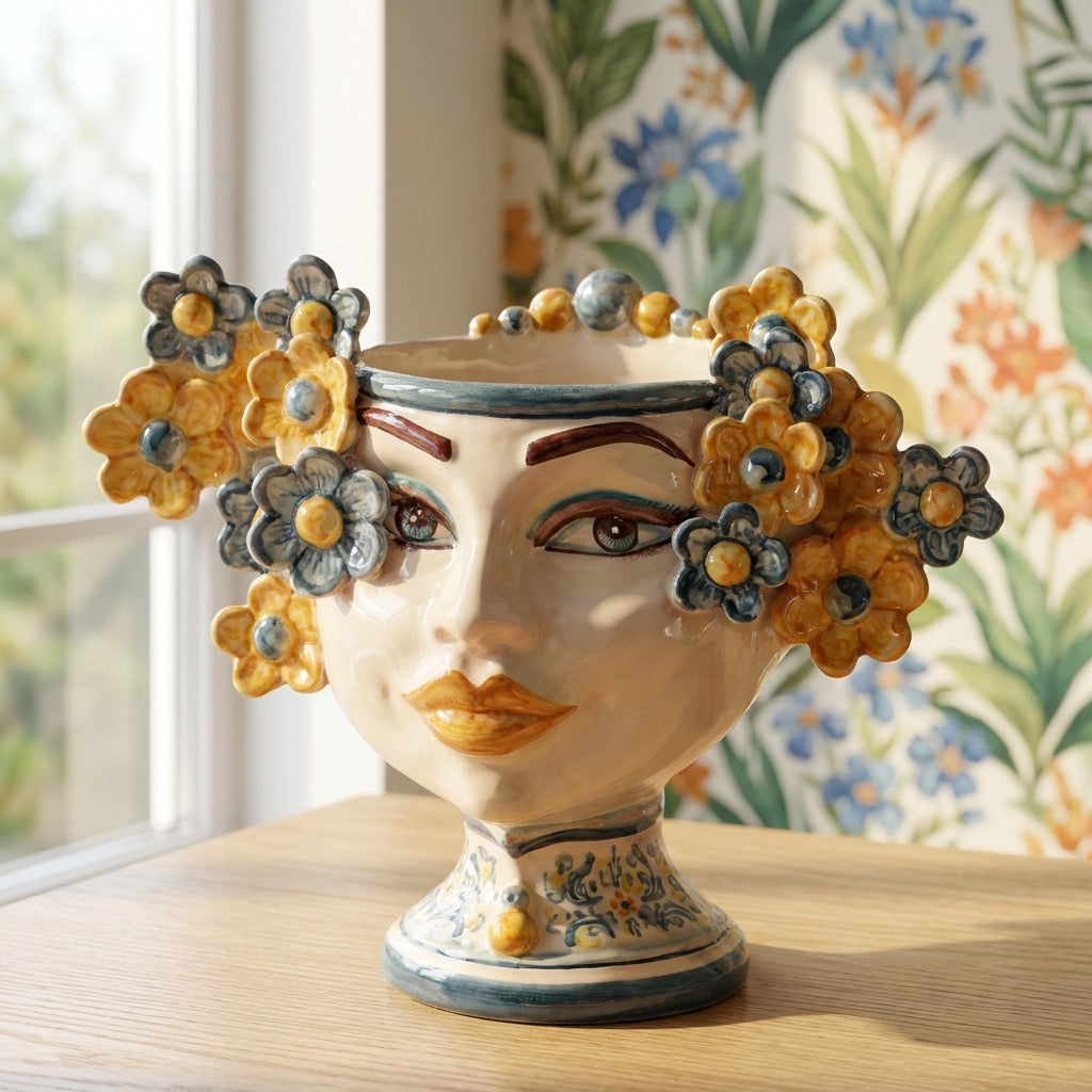 Testa di moro h 20 cm Linea Fiori decoro blu e arancio