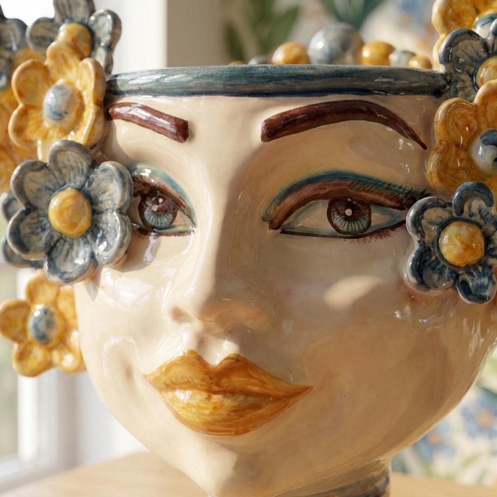 Testa di moro h 20 cm Linea Fiori decoro blu e arancio