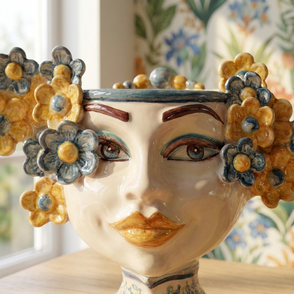 Testa di moro h 20 cm Linea Fiori decoro blu e arancio