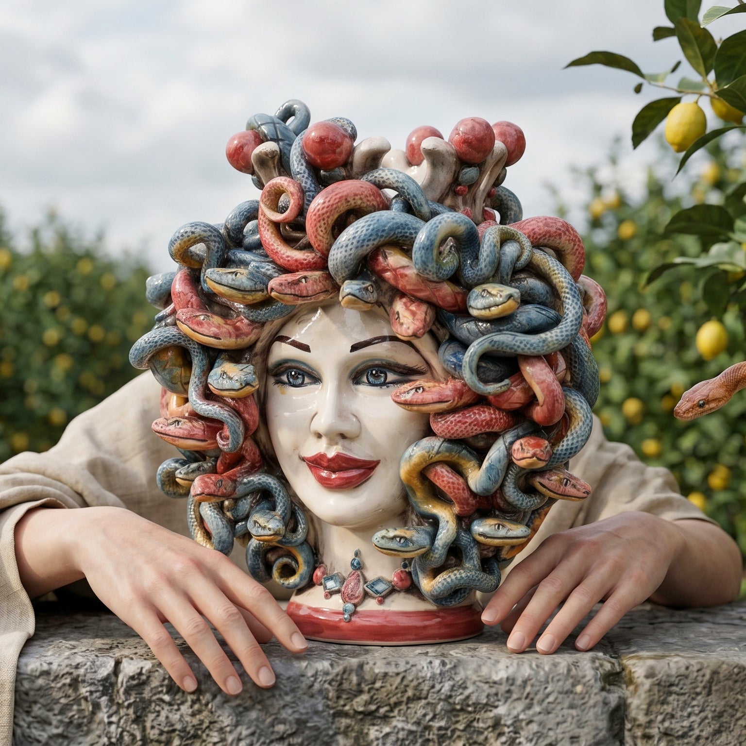 Testa Medusa h 25 cm maschio moro — con Perline Bordeaux | Ceramica Caltagirone