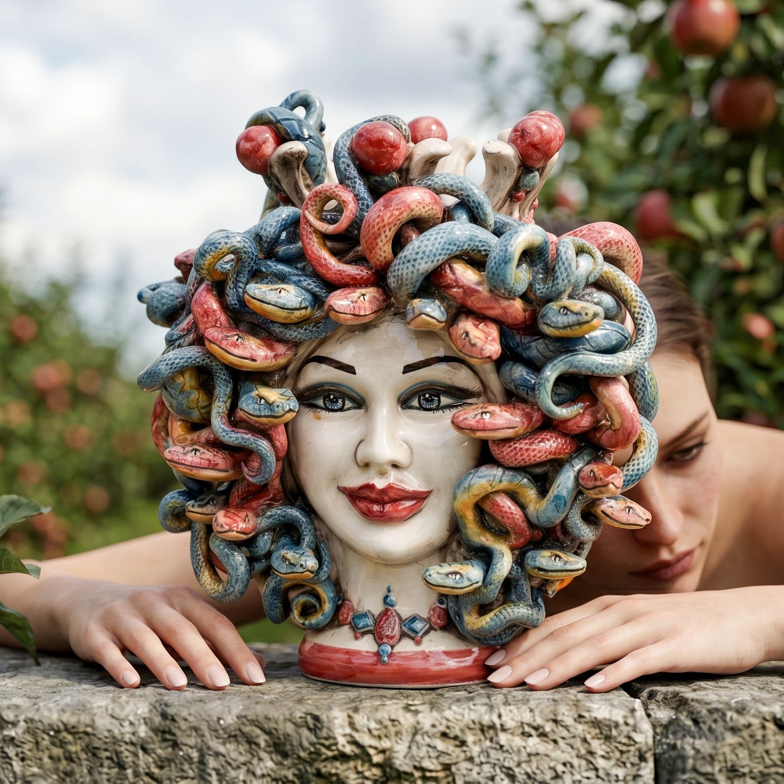 Testa Medusa h 25 cm maschio moro — con Perline Bordeaux | Ceramica Caltagirone