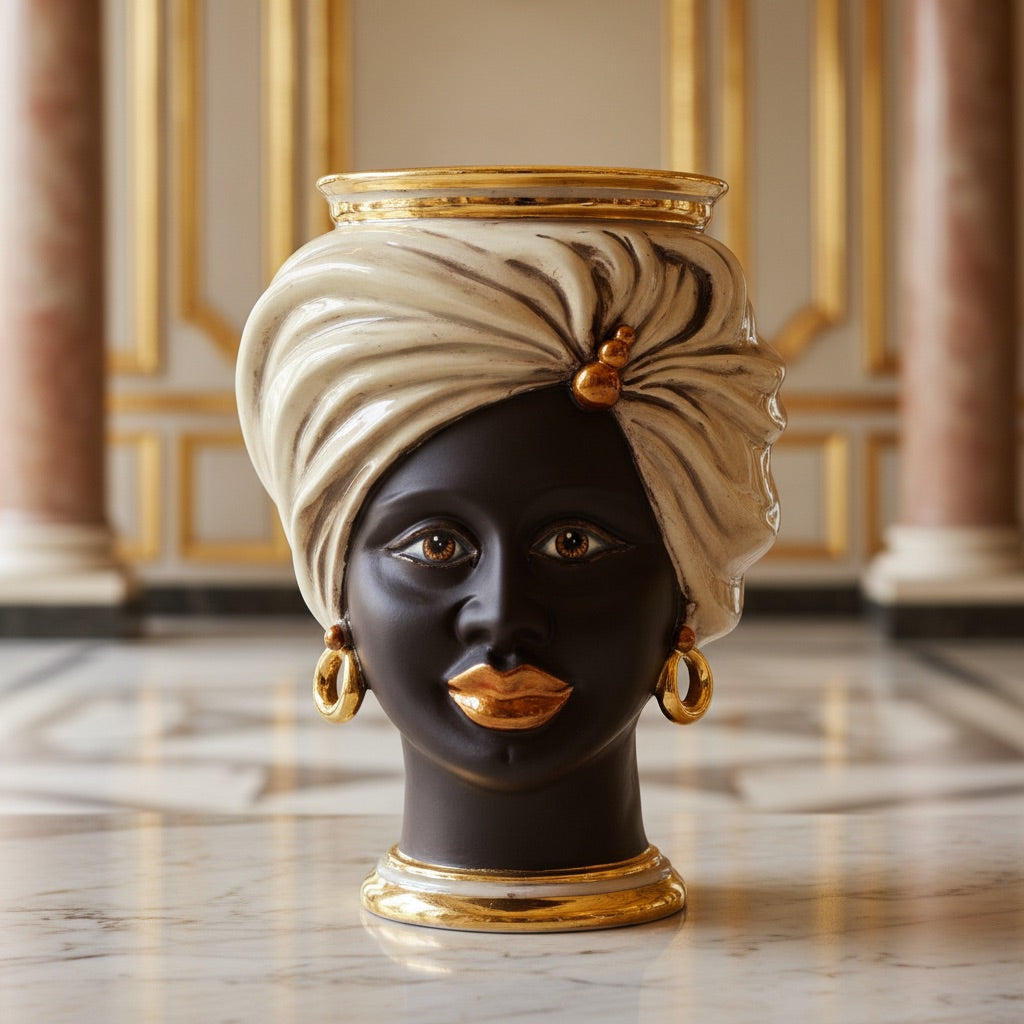 Testa Tuareg h 20 cm — Donna, Madreperla | Ceramica Caltagirone