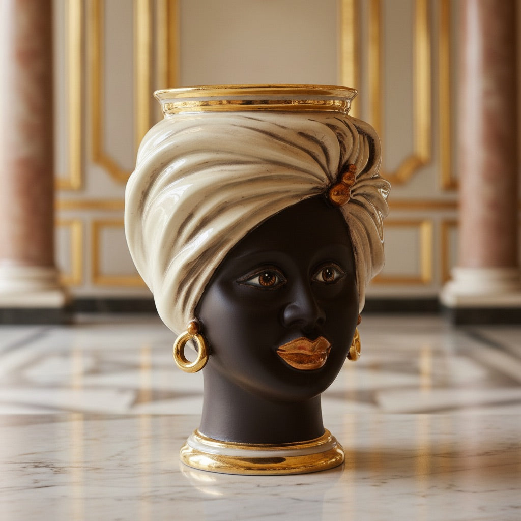 Testa Tuareg h 20 cm — Donna, Madreperla | Ceramica Caltagirone