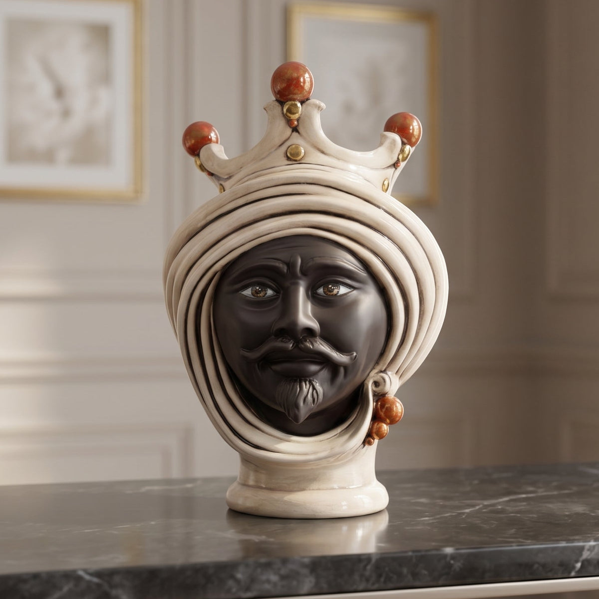 Testa di Moro con perline h 30 cm, Moro Opaco - Madreperla Antichizzato Oro e Lustri