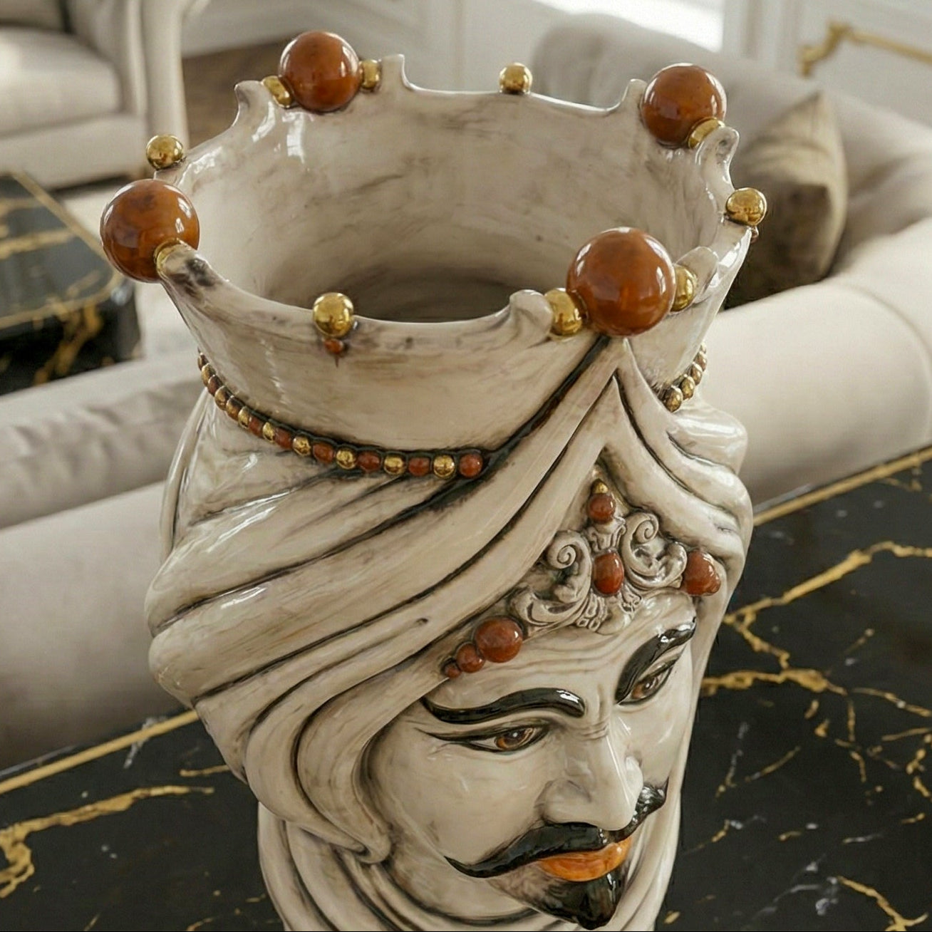 Testa di Moro con Turbante h 45 cm - Maschio Bianco, Madreperla Antichizzato Oro e Lustri (Copia)