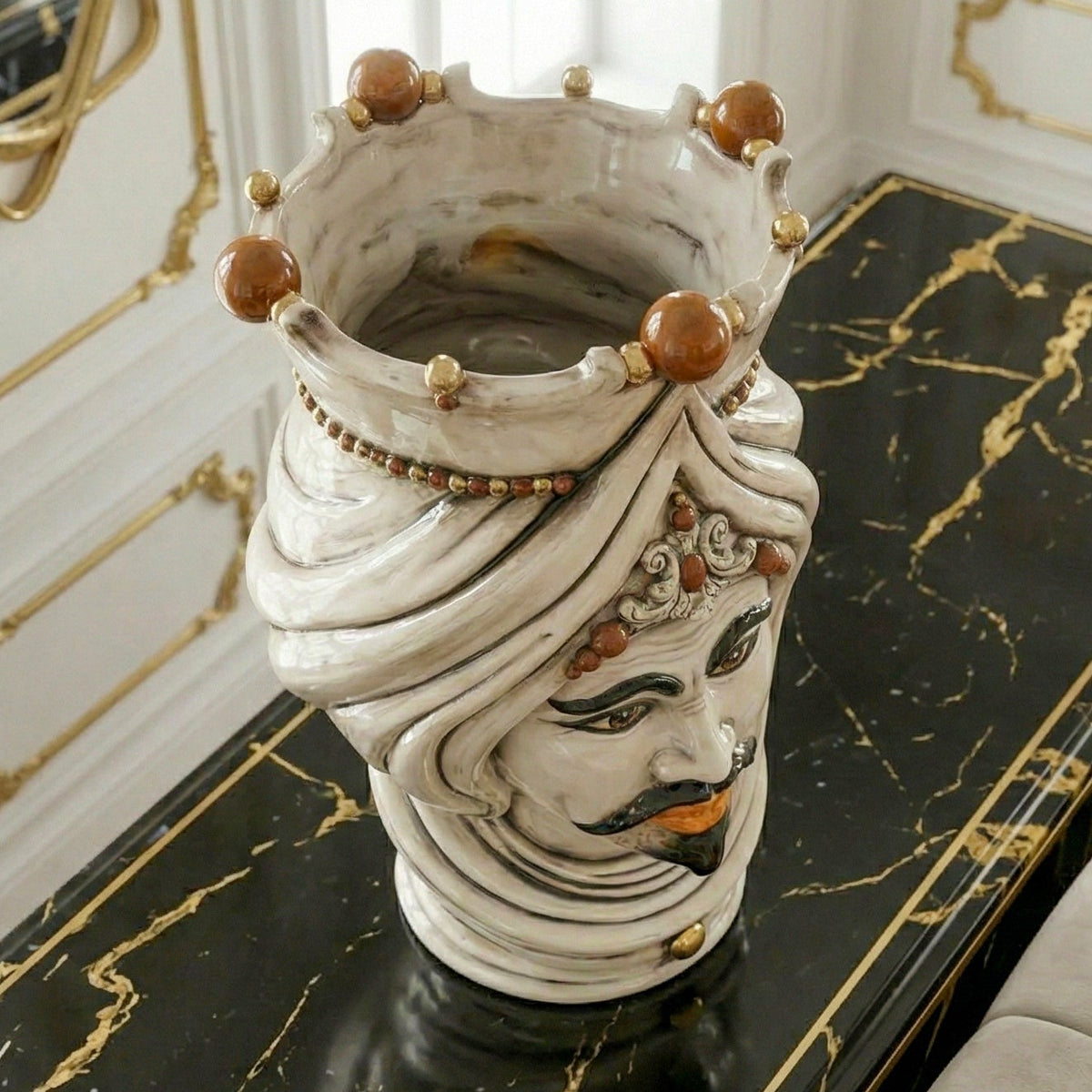 Testa di Moro con Turbante h 45 cm - Maschio Bianco, Madreperla Antichizzato Oro e Lustri (Copia)