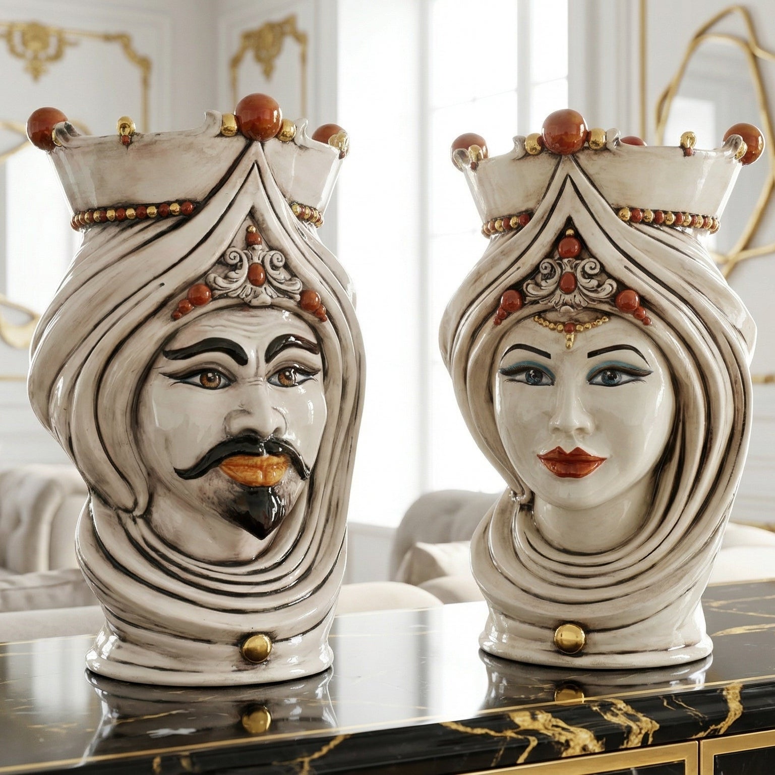 Testa di Moro con Turbante h 45 cm - Maschio Bianco, Madreperla Antichizzato Oro e Lustri (Copia)