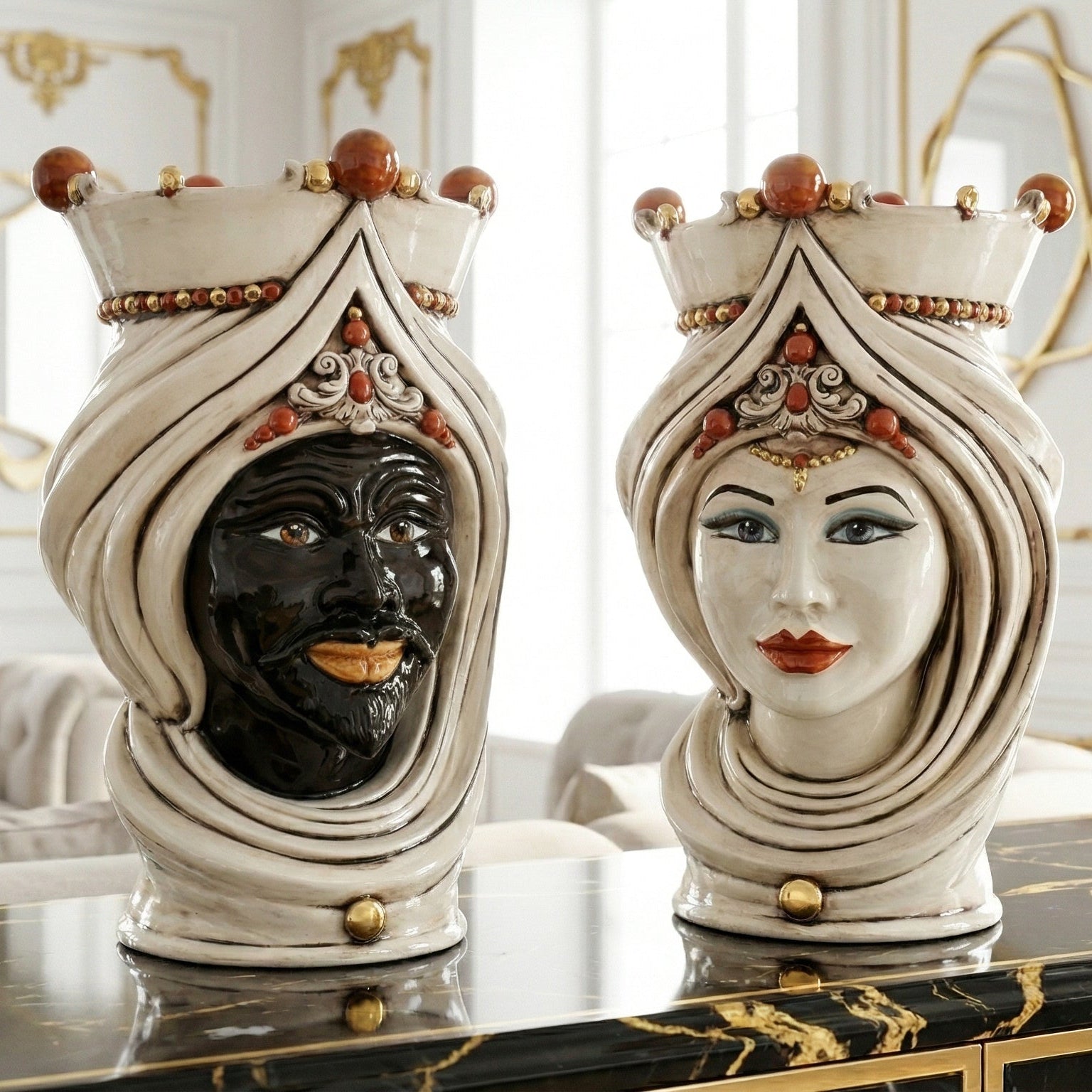 Testa h 45 turbante madreperla antichizzato oro e lustri femmina