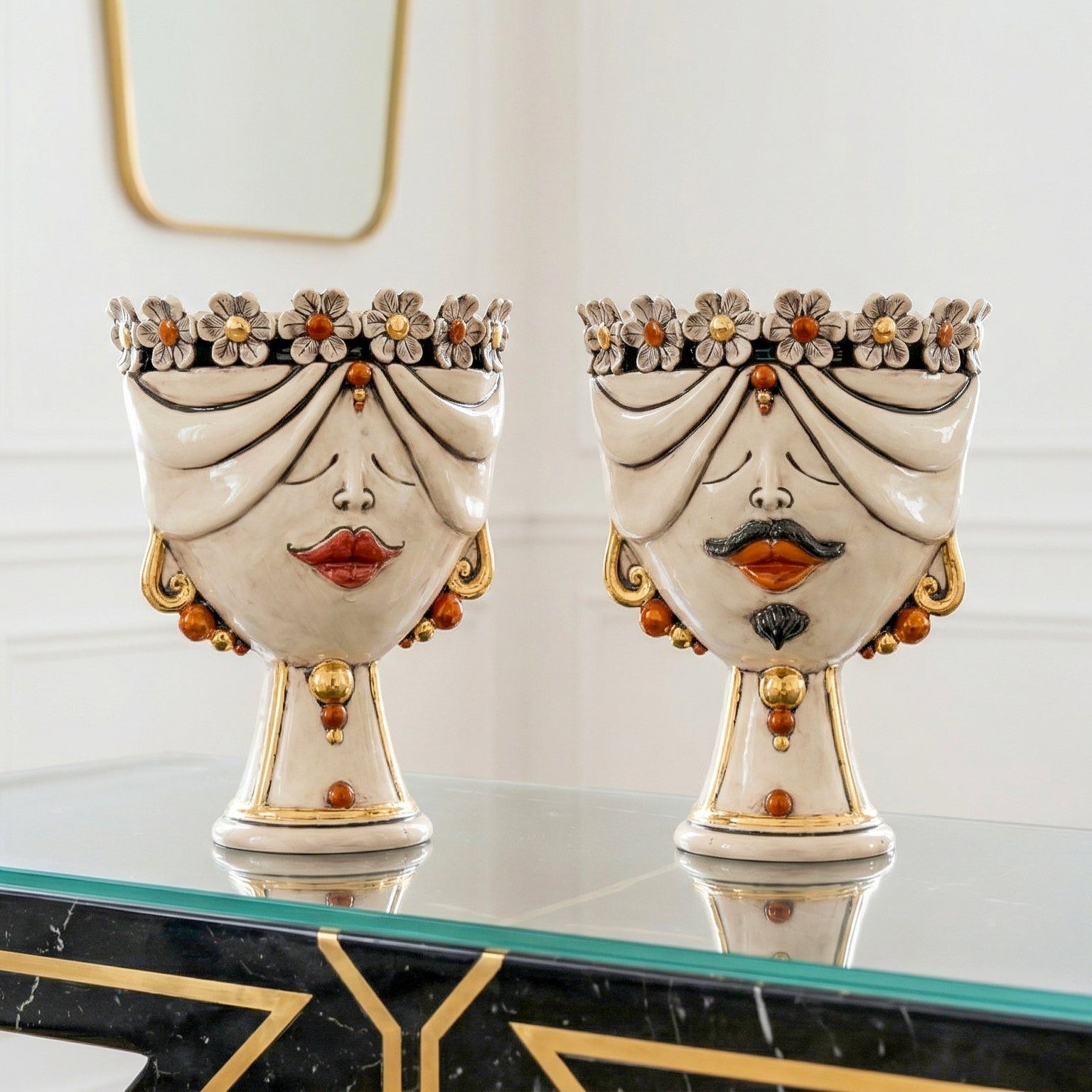 Testa Zahira con Fiori h 30 cm — Donna, Madreperla Antichizzato | Ceramica Caltagirone