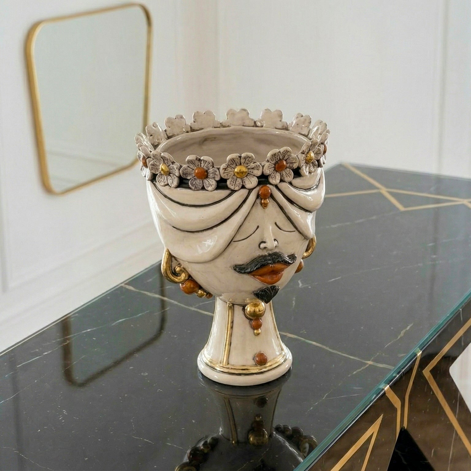 Testa Zahira con Fiori h 30 cm — Uomo, Madreperla Antichizzato | Ceramica Caltagirone