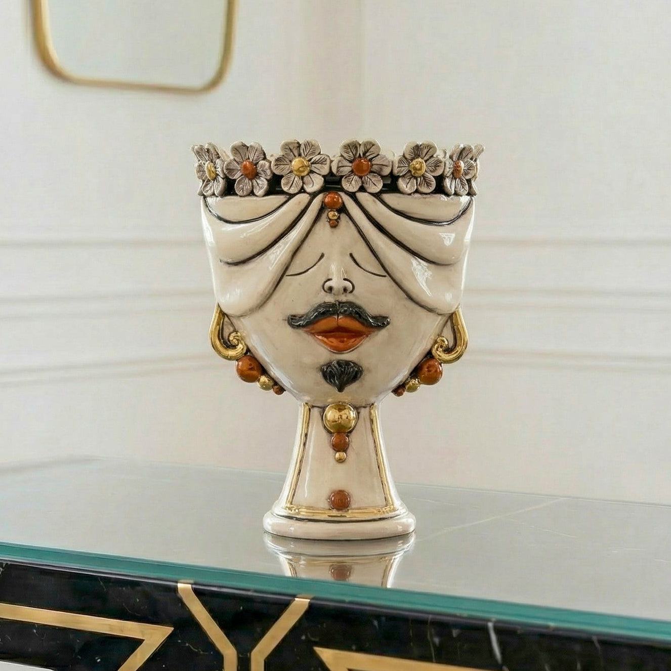 Testa di Moro Zahira Uomo con Fiori Madreperla Antichizzato con Oro e Lustri