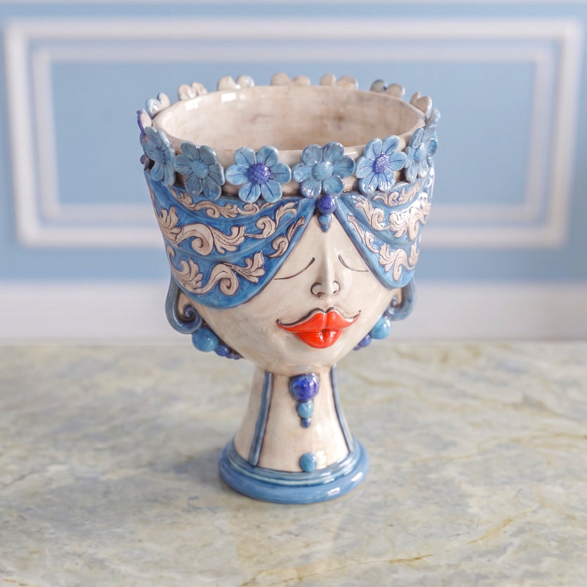 Testa Zahira con Fiori h 30 cm - Donna, Madreperla Antichizzato | Ceramica Caltagirone
