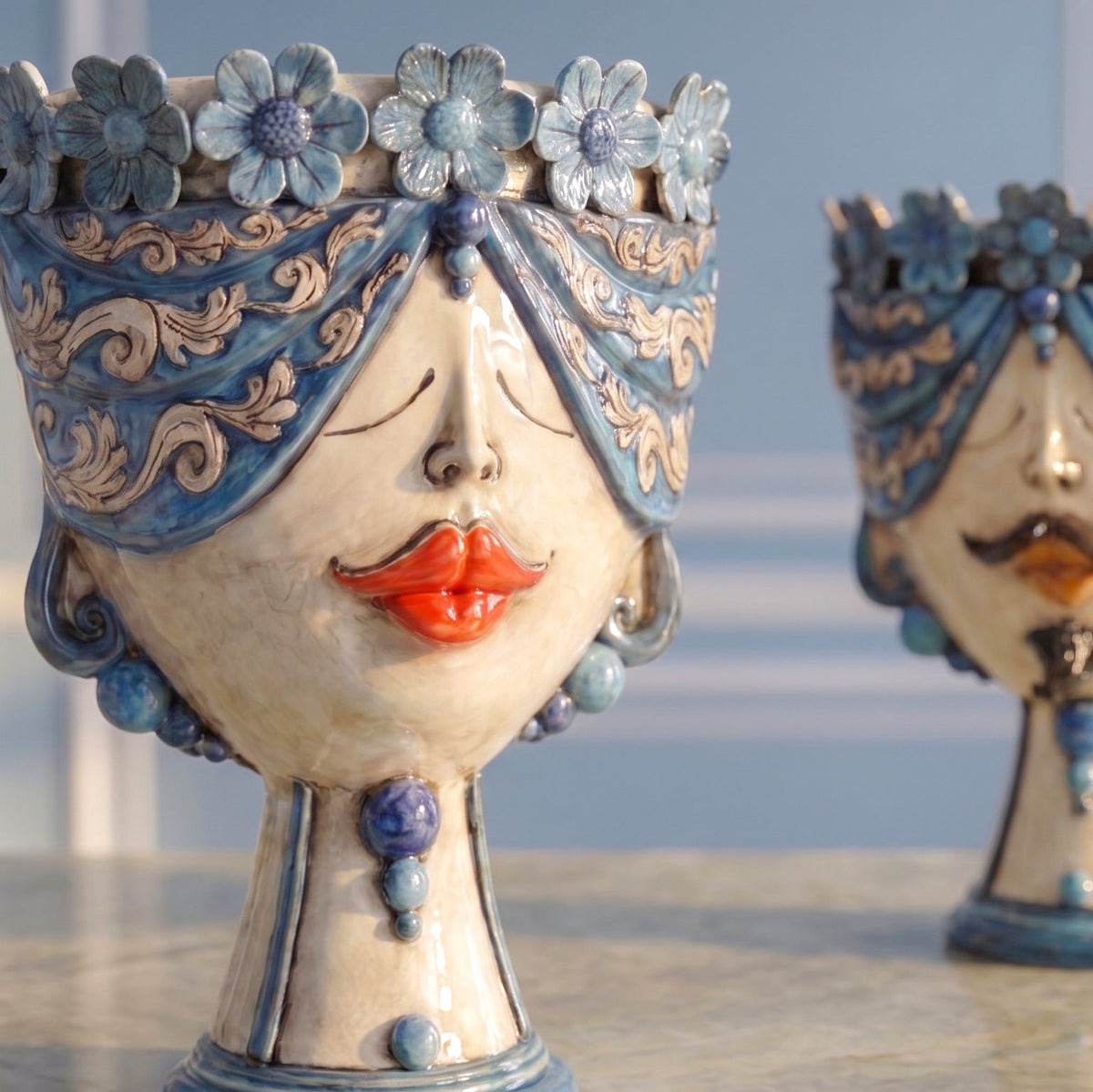 Testa Zahira con Fiori h 30 cm - Donna, Madreperla Antichizzato | Ceramica Caltagirone