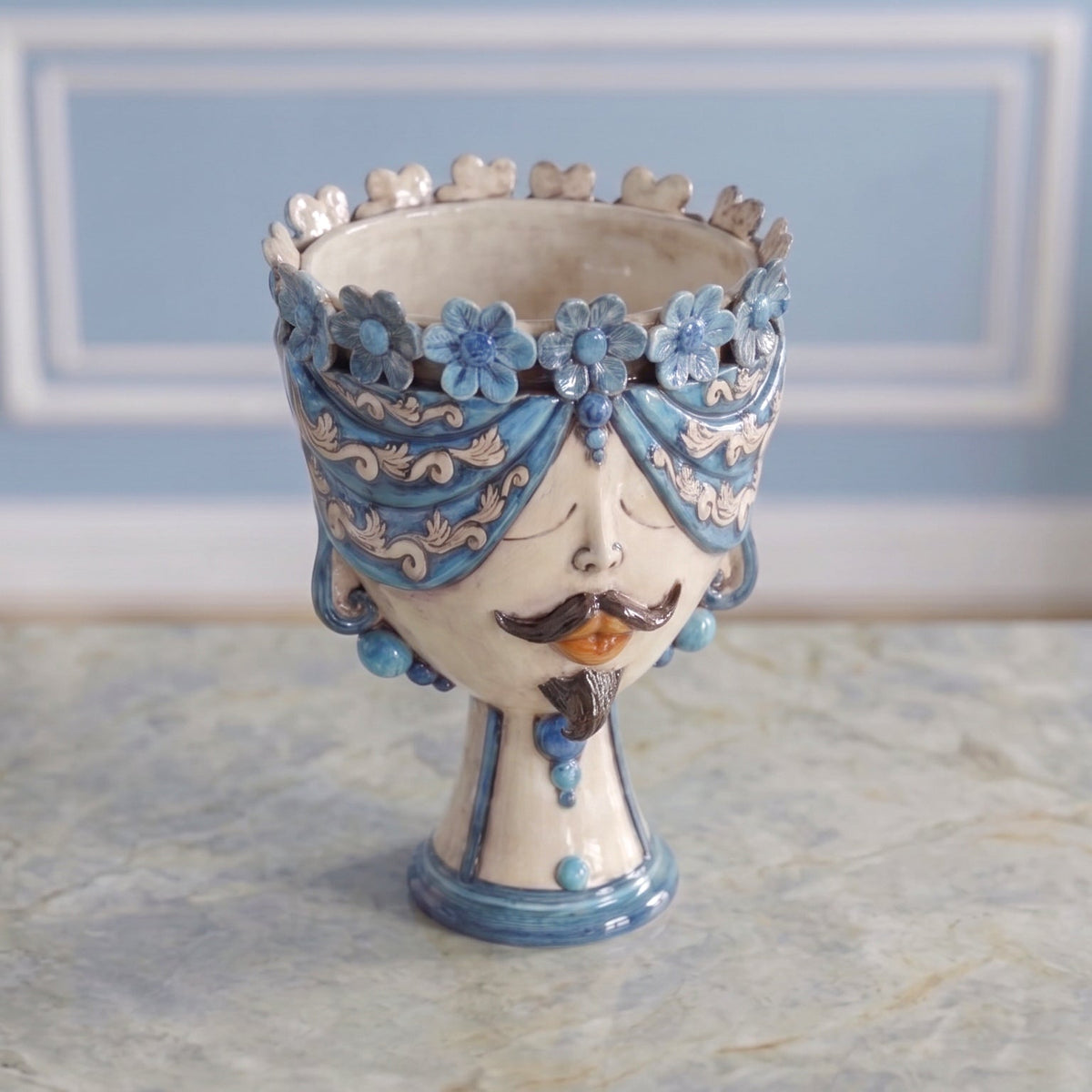 Testa Zahira con Fiori h 30 cm - Maschio, Madreperla Antichizzato | Ceramica Caltagirone