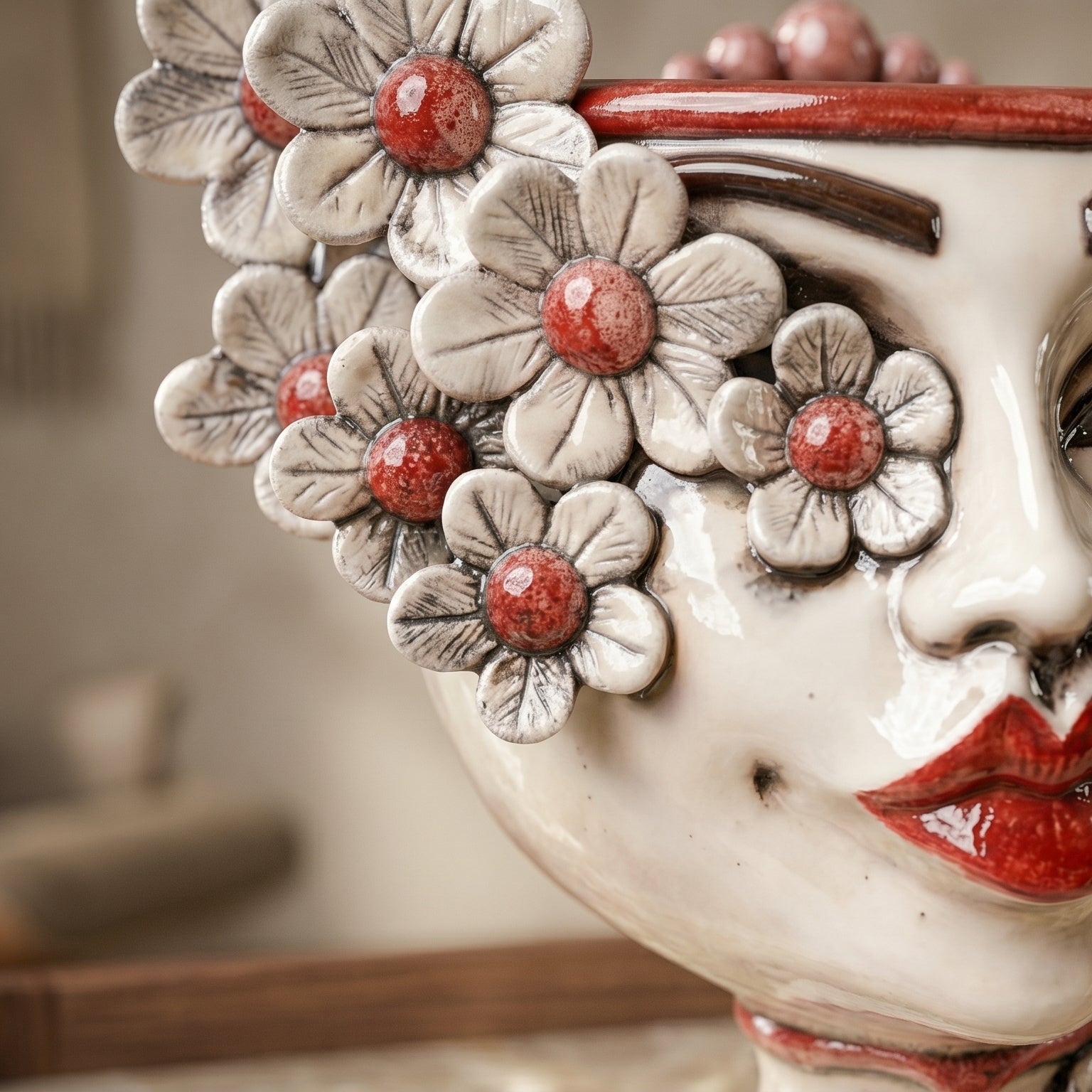 Testa h 20 c/fiori c/espressione labbra rosse madreperla colorato mono bordeaux femmina