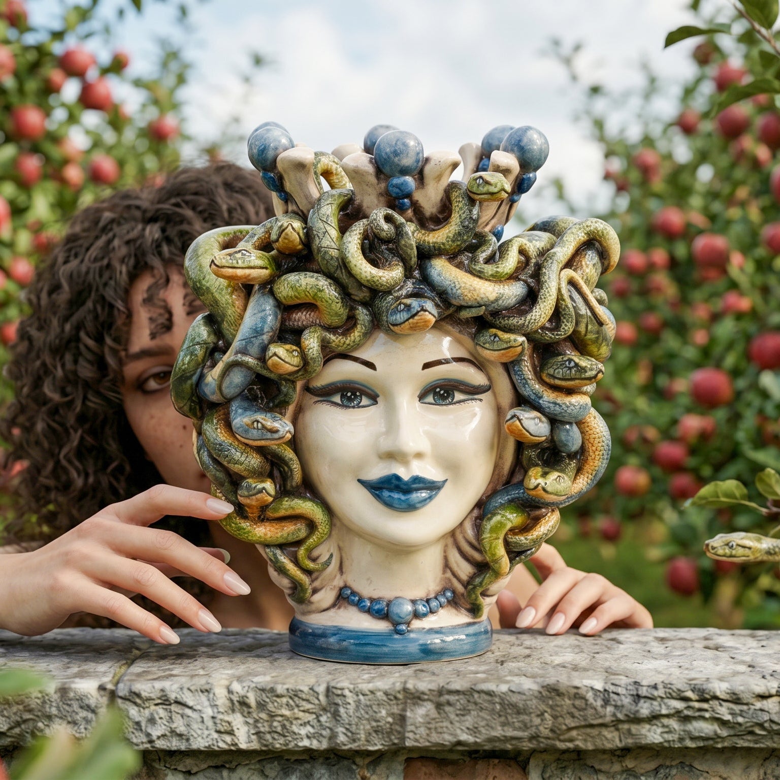 Testa Medusa h 25 cm — con Perline Blu | Ceramica Caltagirone