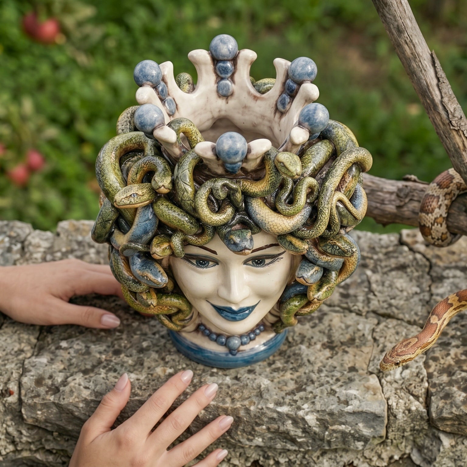 Testa Medusa h 25 cm — con Perline Blu | Ceramica Caltagirone