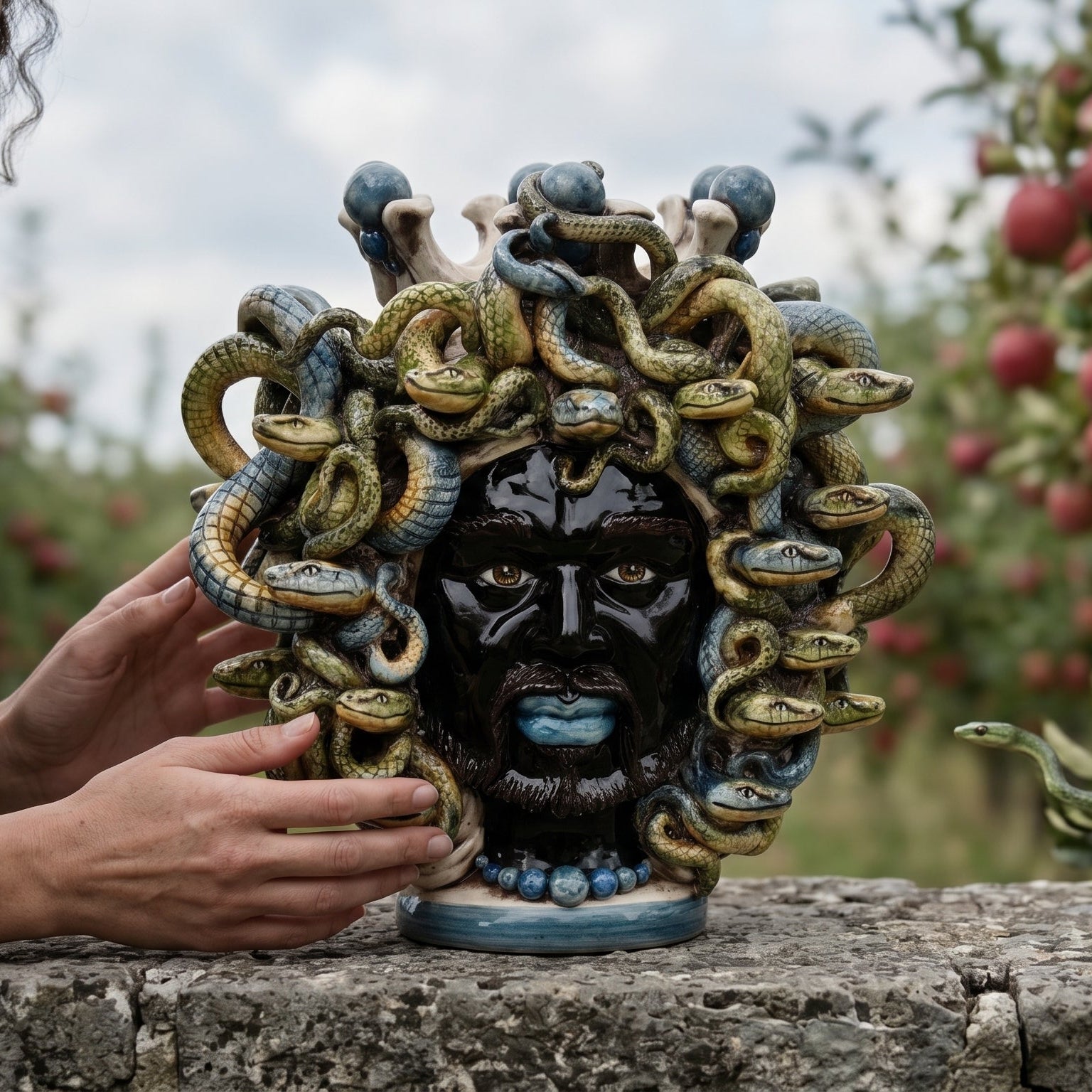 Testa Medusa h 25 cm — con Perline Blu | Ceramica Caltagirone