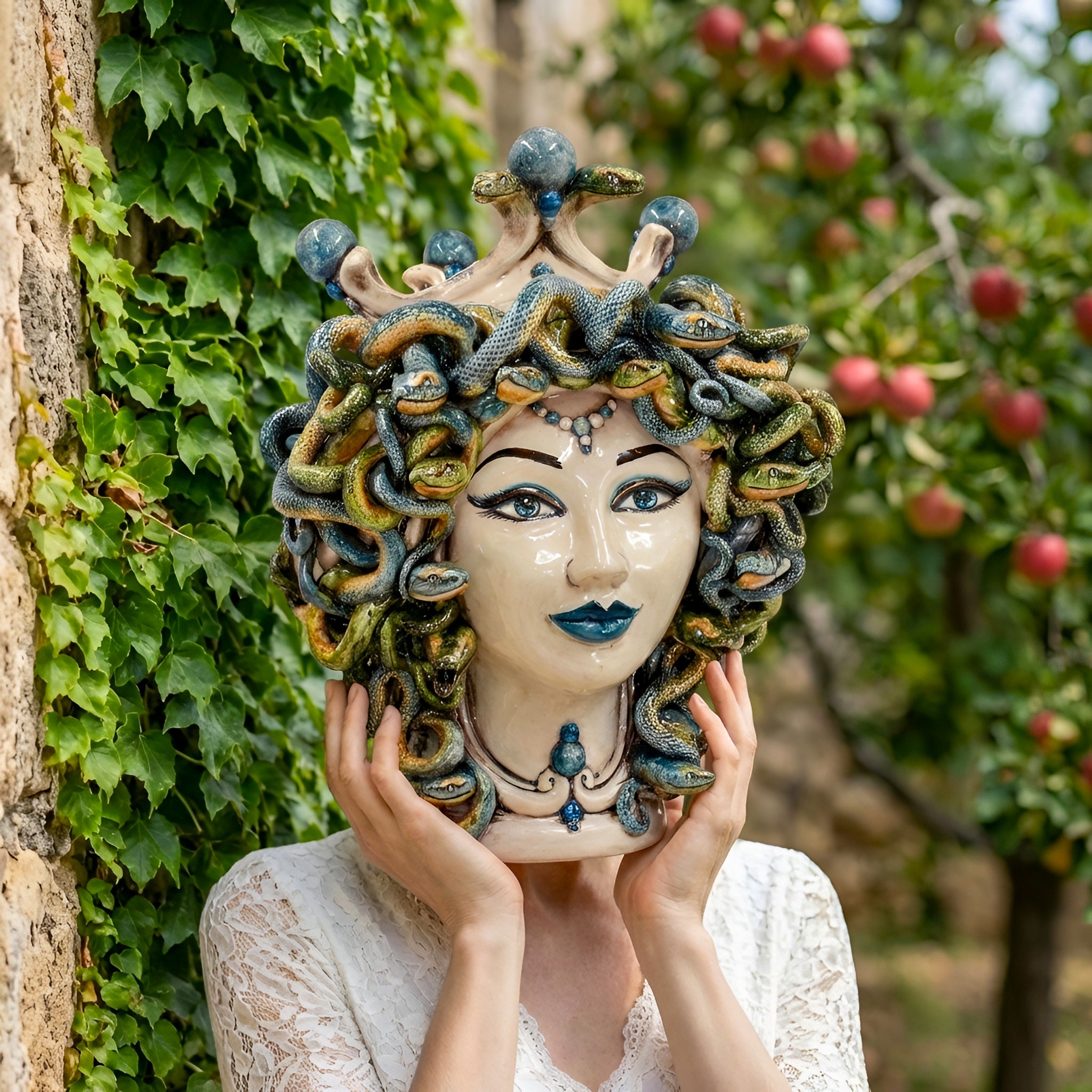 Testa h 30 medusa Madreperla Antichizzato con perline blu