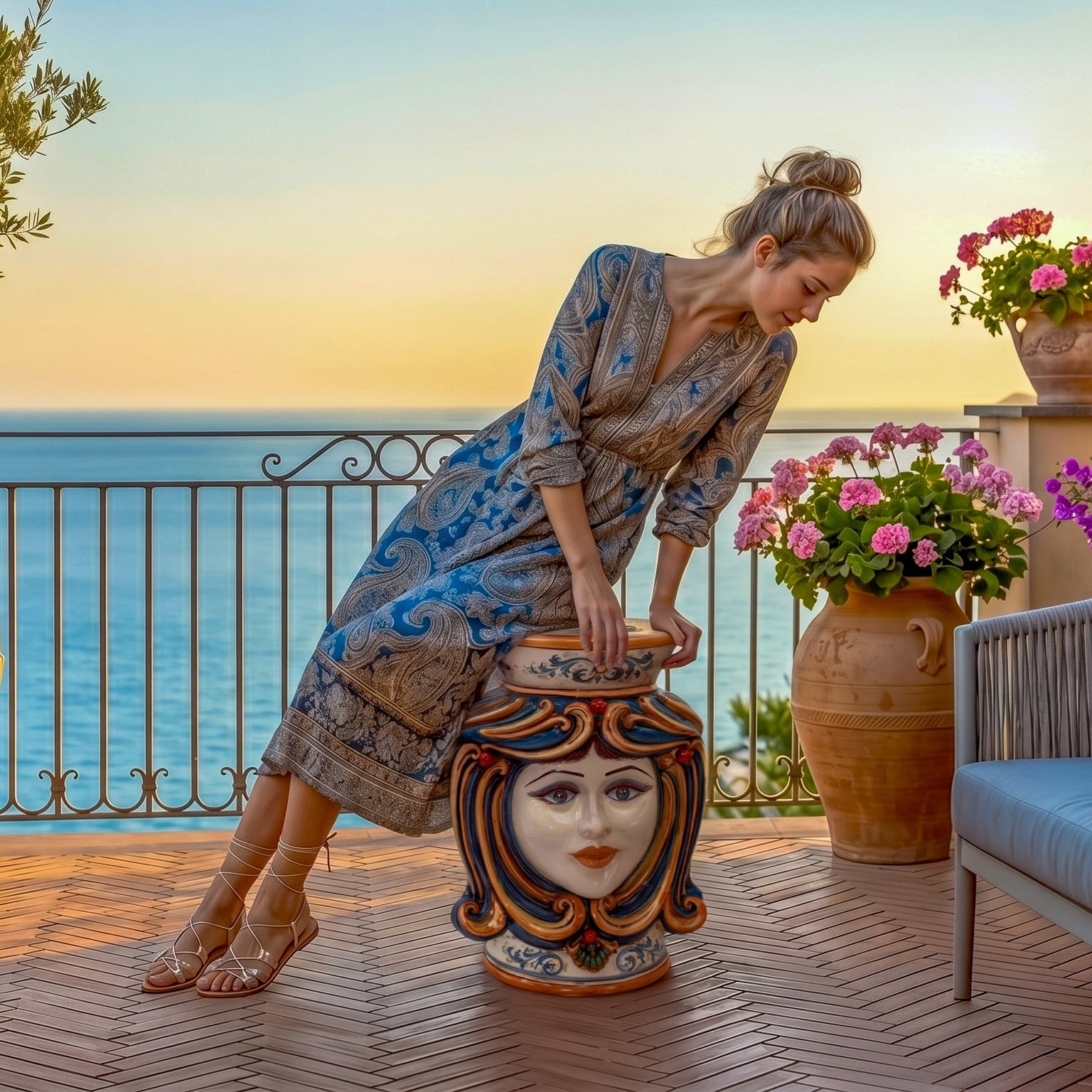 Pouf a Testa con seduta, h 60 Decoro in blu e arancio femmina