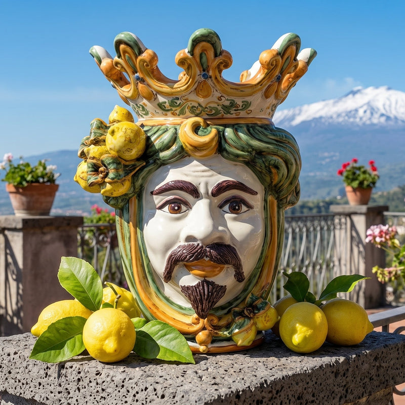 Testa di Moro con Limoni h 40 cm — Maschio Bianco, Verde e Arancio