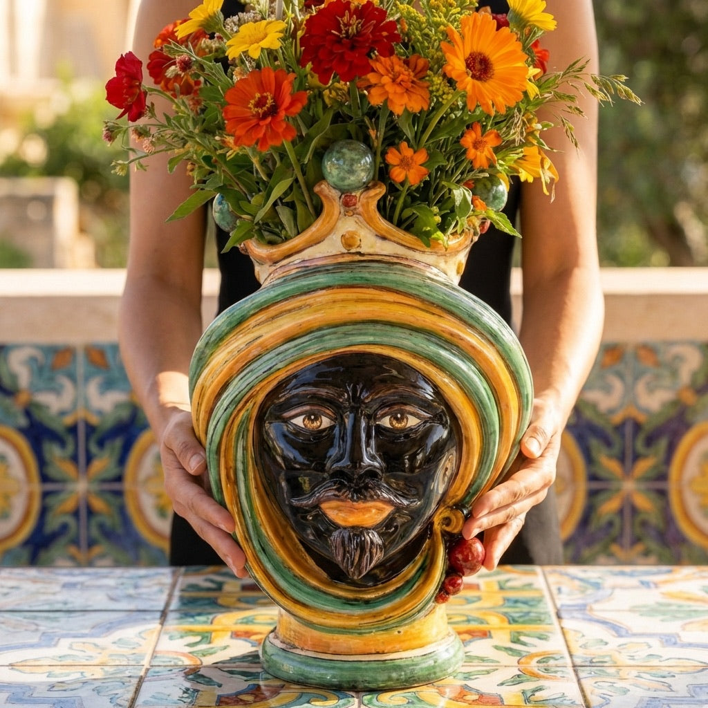 Testa di Moro h 30 in verde e arancio maschio moro in Ceramica di Caltagirone