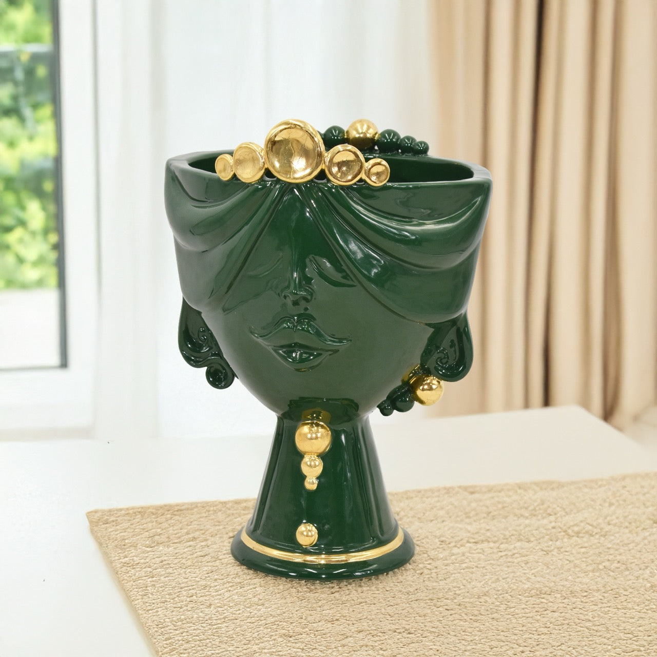 Testa di Moro donna in Ceramica Caltagirone | Zahira Verde e Oro h 30 cm