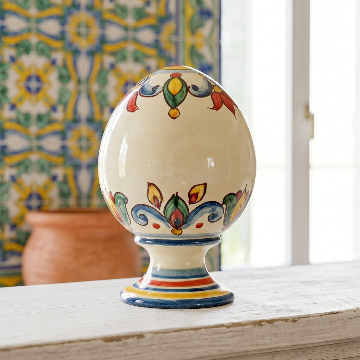 Uovo Decorativo con piede in Ceramica di Caltagirone - Decoro Sicily
