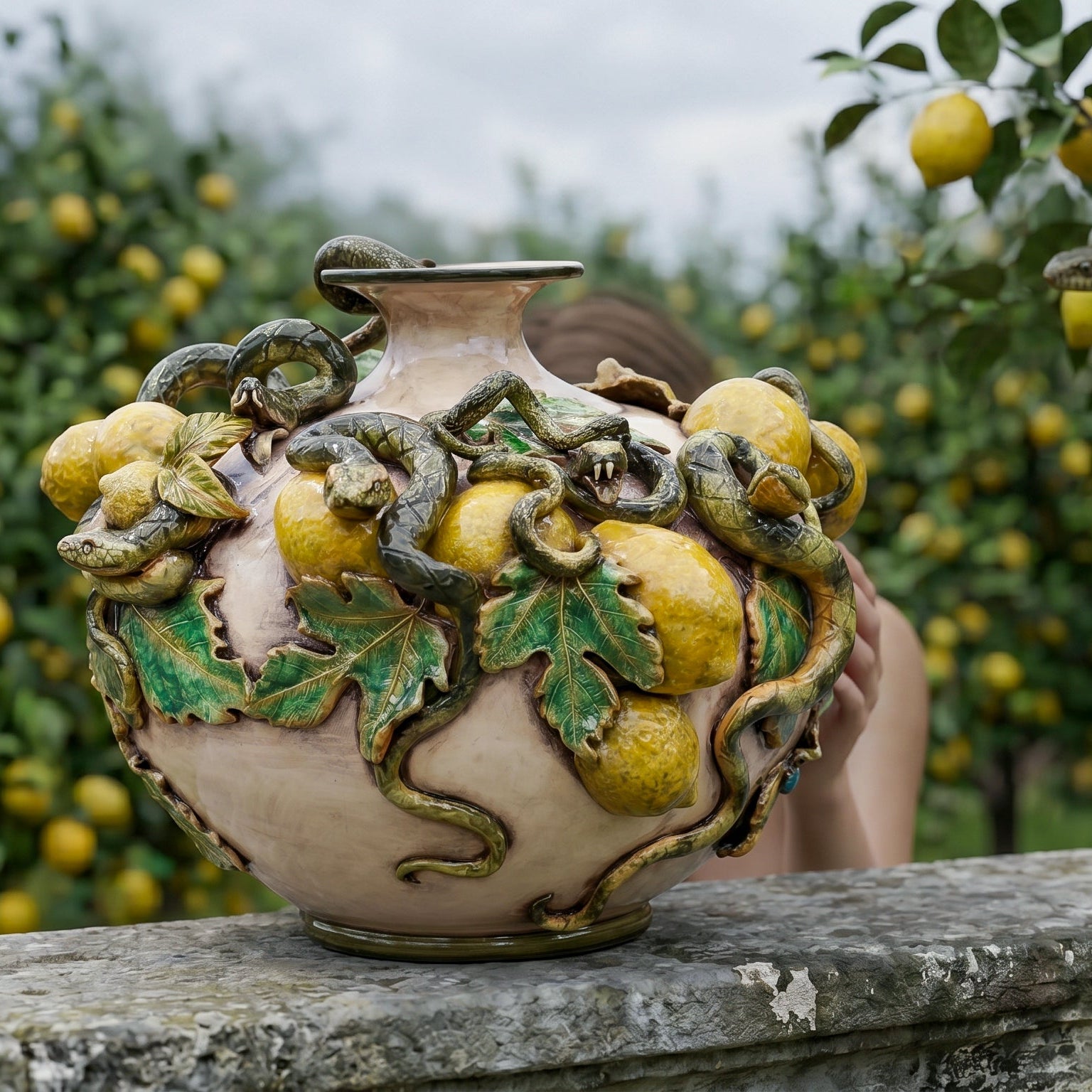 Vaso Boccia Eden con Limoni Applicati in Ceramica di Caltagirone — Linea Giardini dell'Eden, Madreperla
