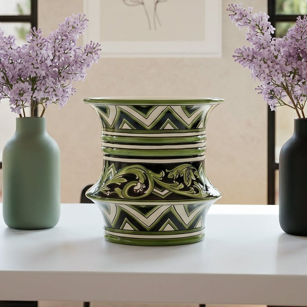 Vaso Centrotavolo in Ceramica di Caltagirone h 25 cm Ø 23 — Linea Parigi Nero e Verde