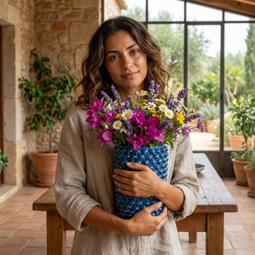 Vaso cilindro pigna di Caltagirone modellata a mano altezza 25 cm in blu intenso