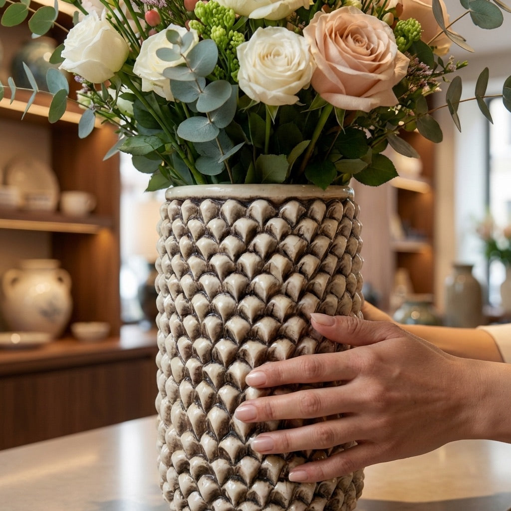 Vaso Pigna cilindro modellata a mano Madreperla Antichizzato