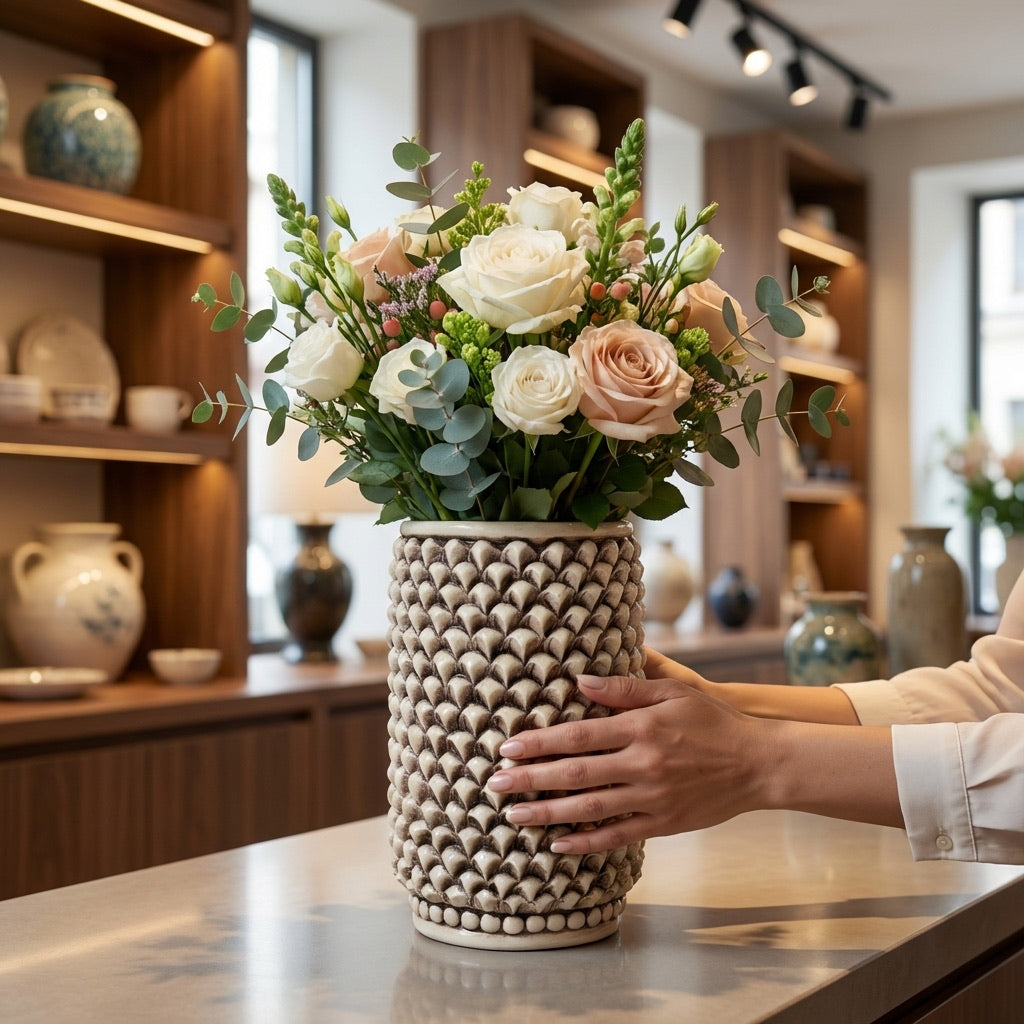 Vaso Pigna cilindro modellata a mano Madreperla Antichizzato